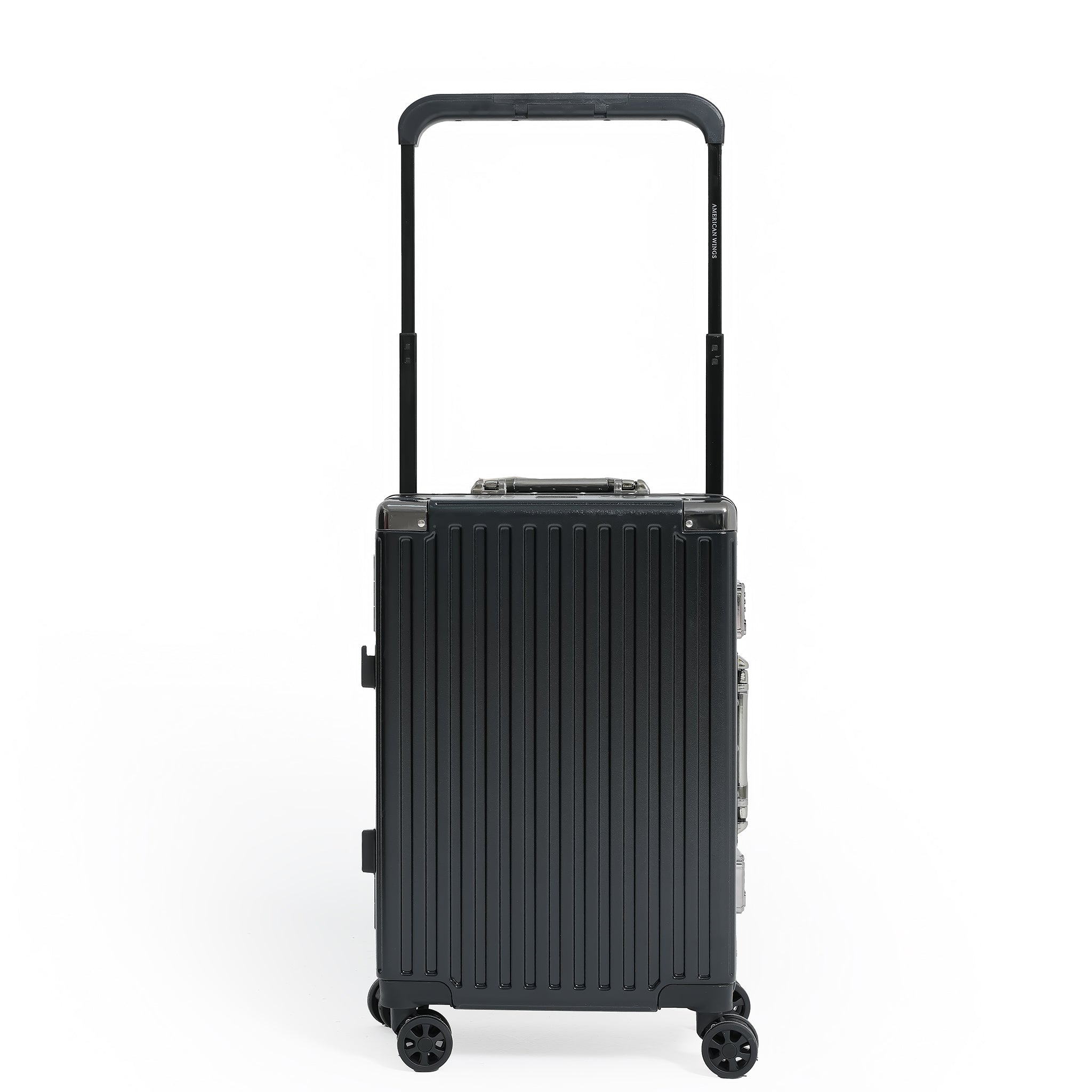 Black suitcase with a ribbed texture on a white background