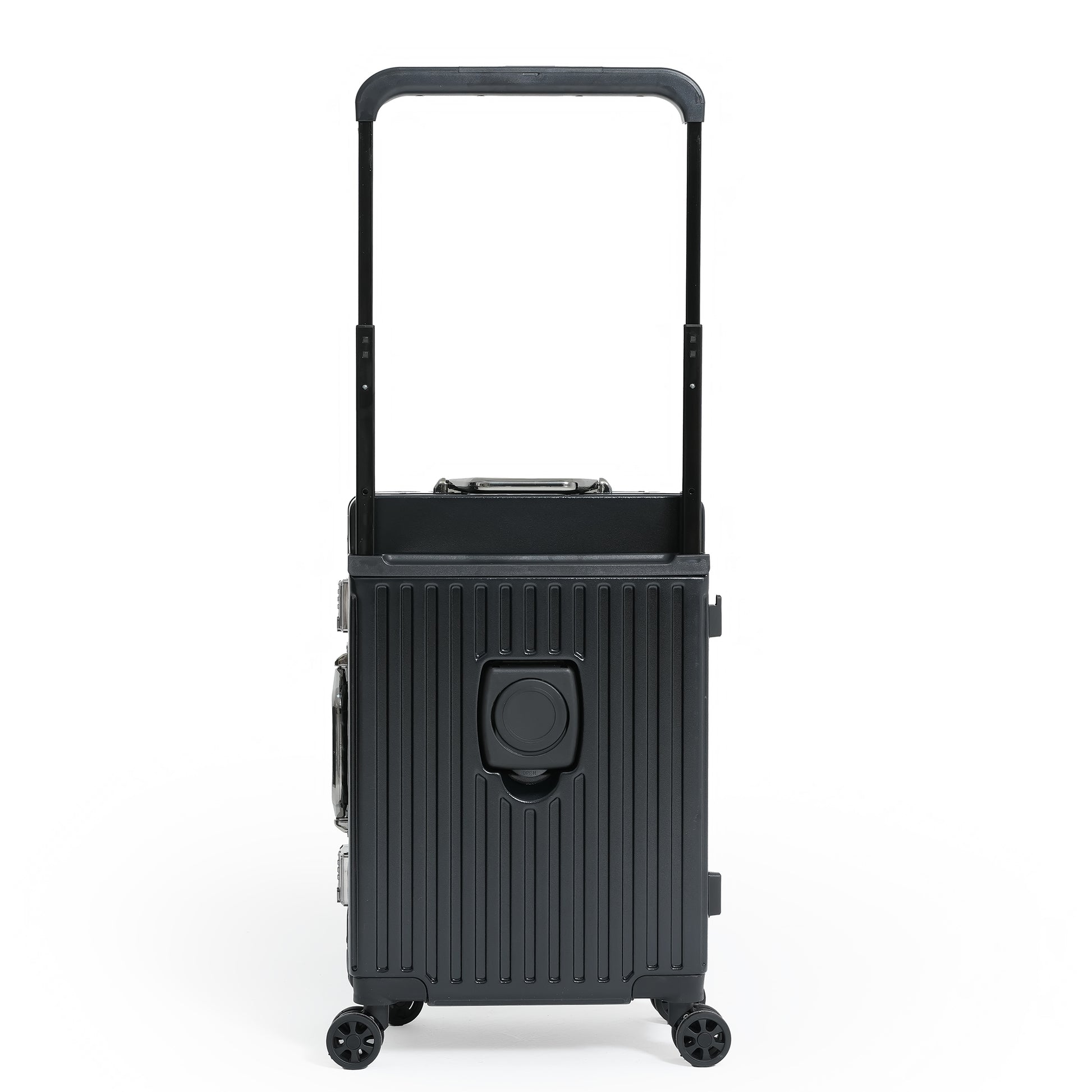 Black suitcase with wheels and a handle on a white background