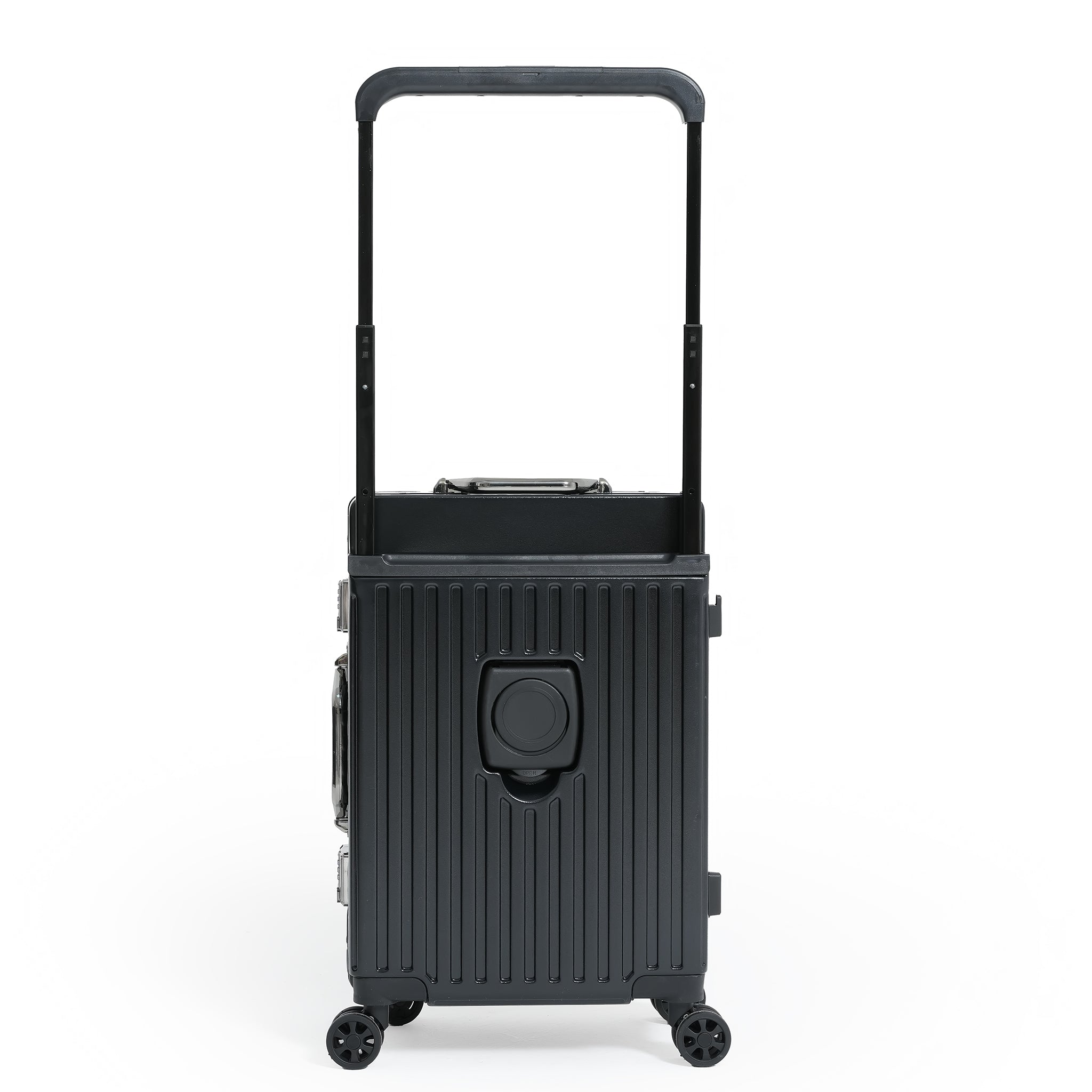 Black suitcase with wheels and a handle on a white background