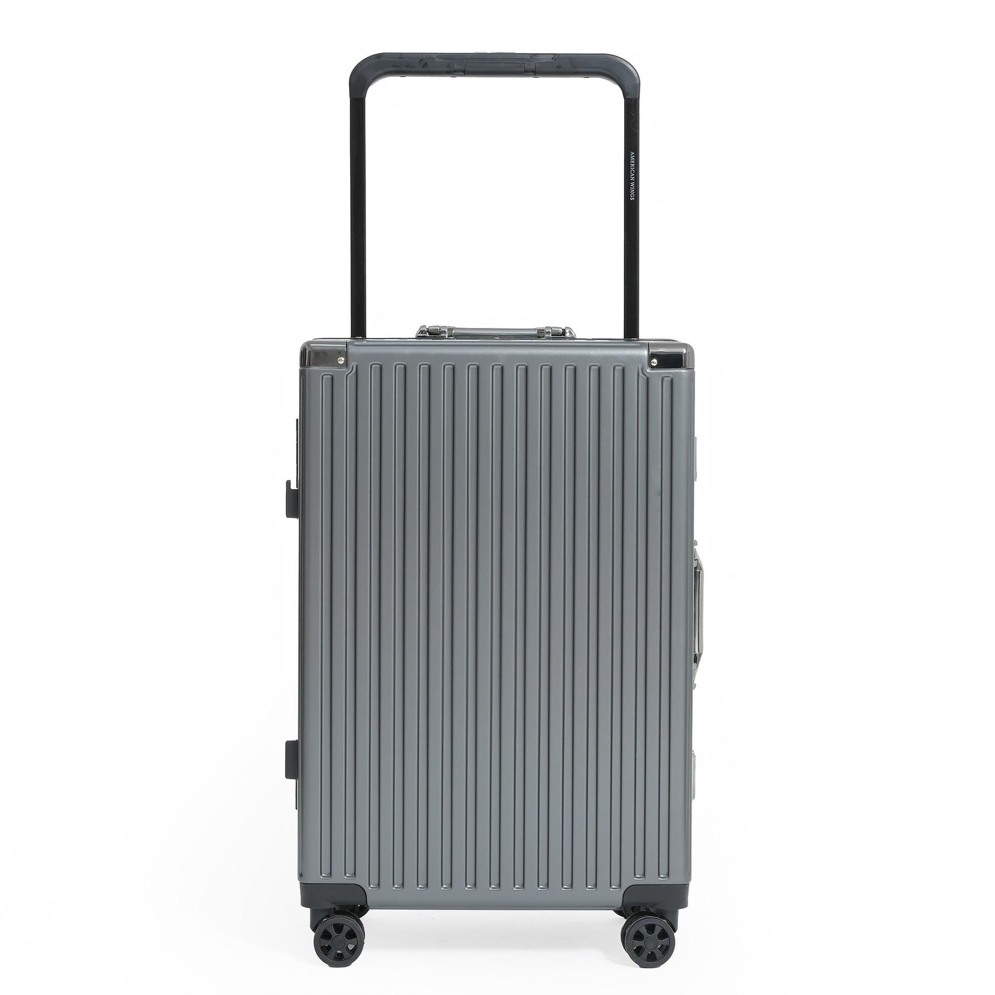 Silver suitcase with a black handle on a white background