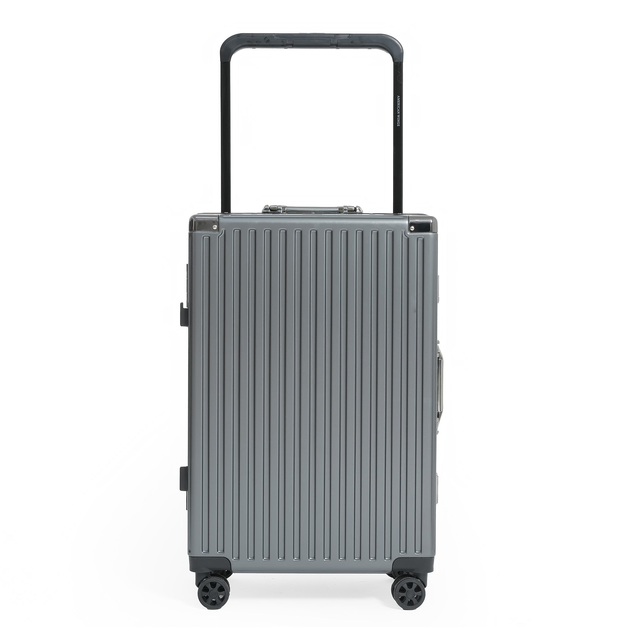 Silver suitcase with a black handle on a white background