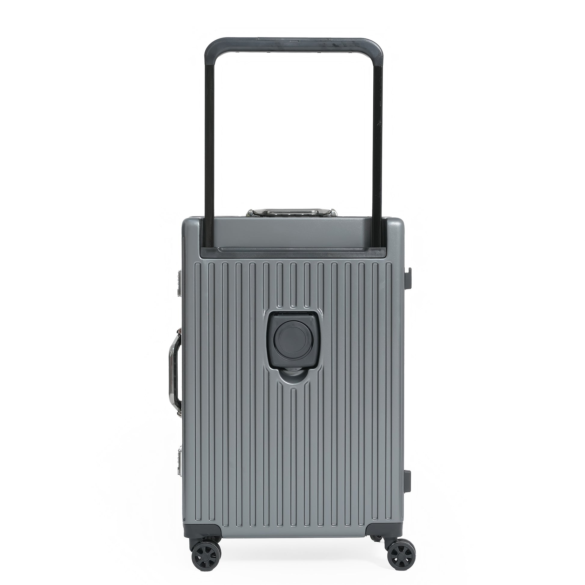Gray suitcase with a black handle on a white background