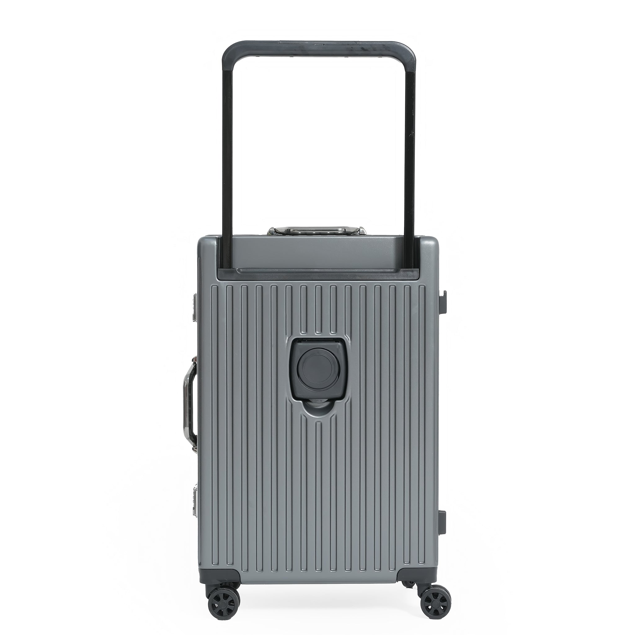 Gray suitcase with a black handle on a white background