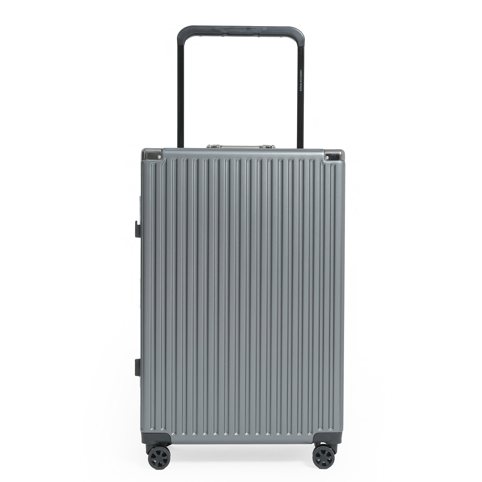 Silver suitcase with a black handle on a white background