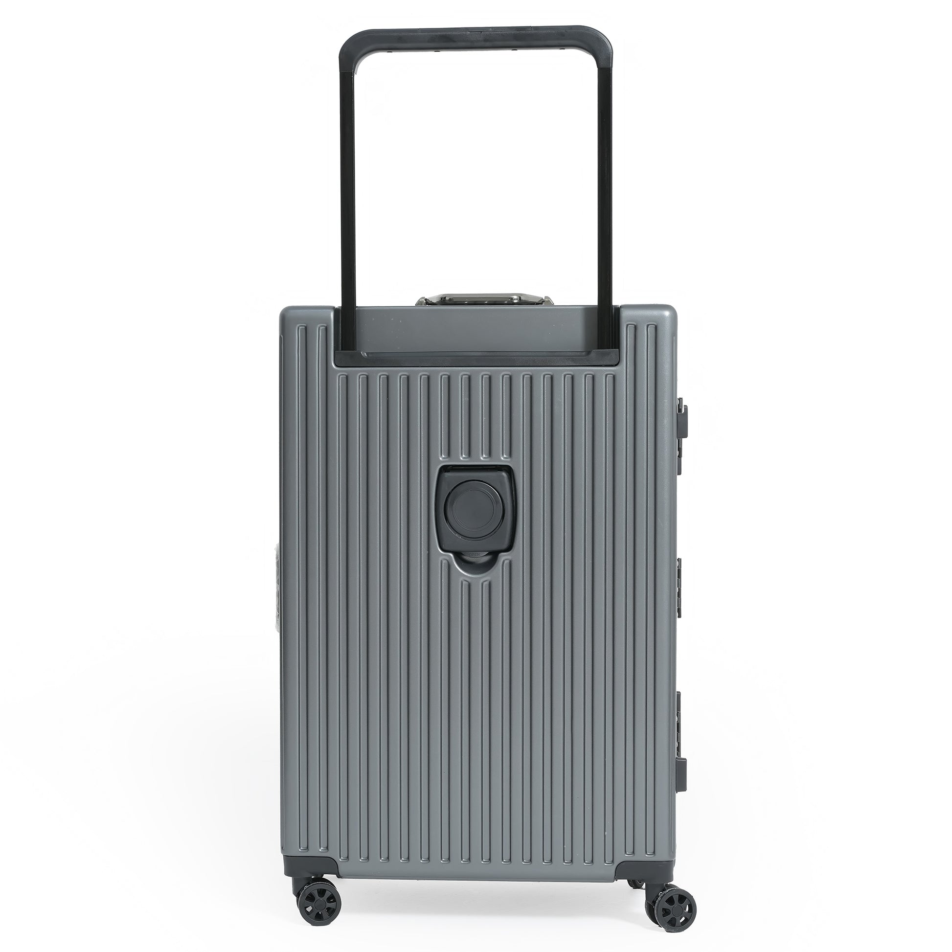 Gray suitcase with a handle on a white background