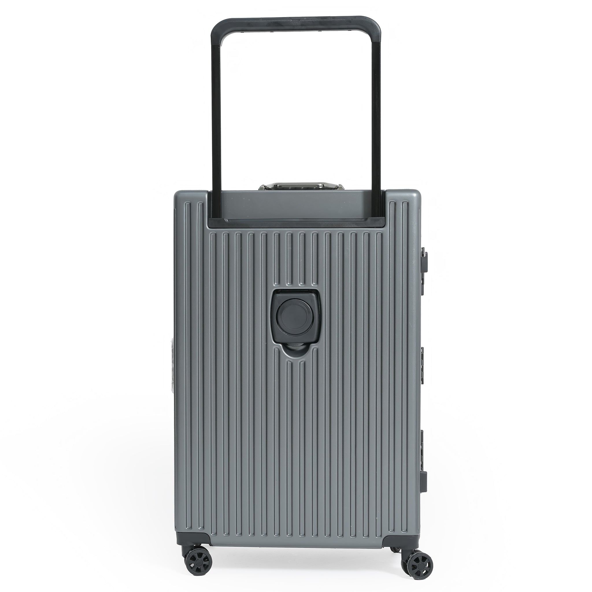 Gray suitcase with a handle on a white background