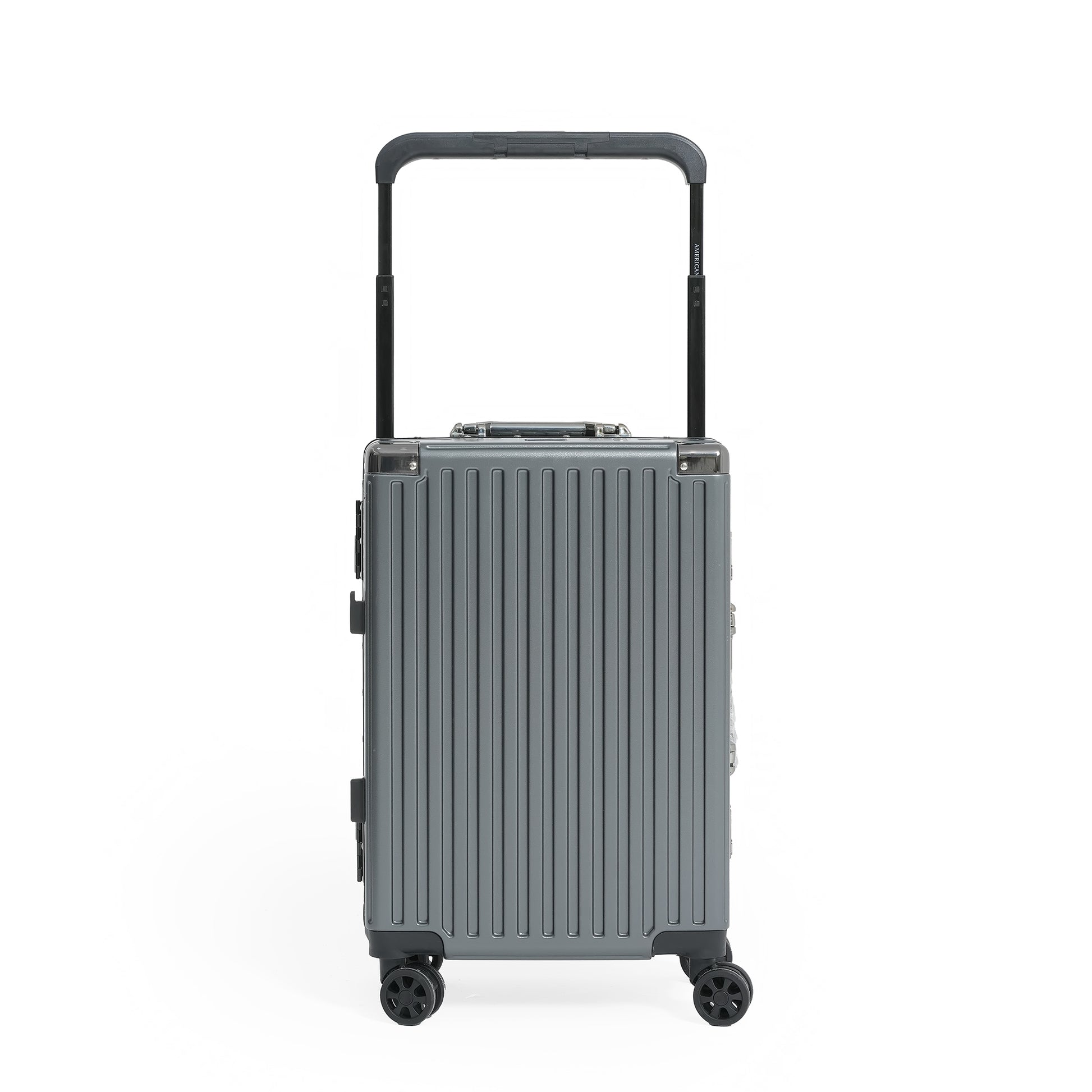 Gray suitcase with a black handle on a white background