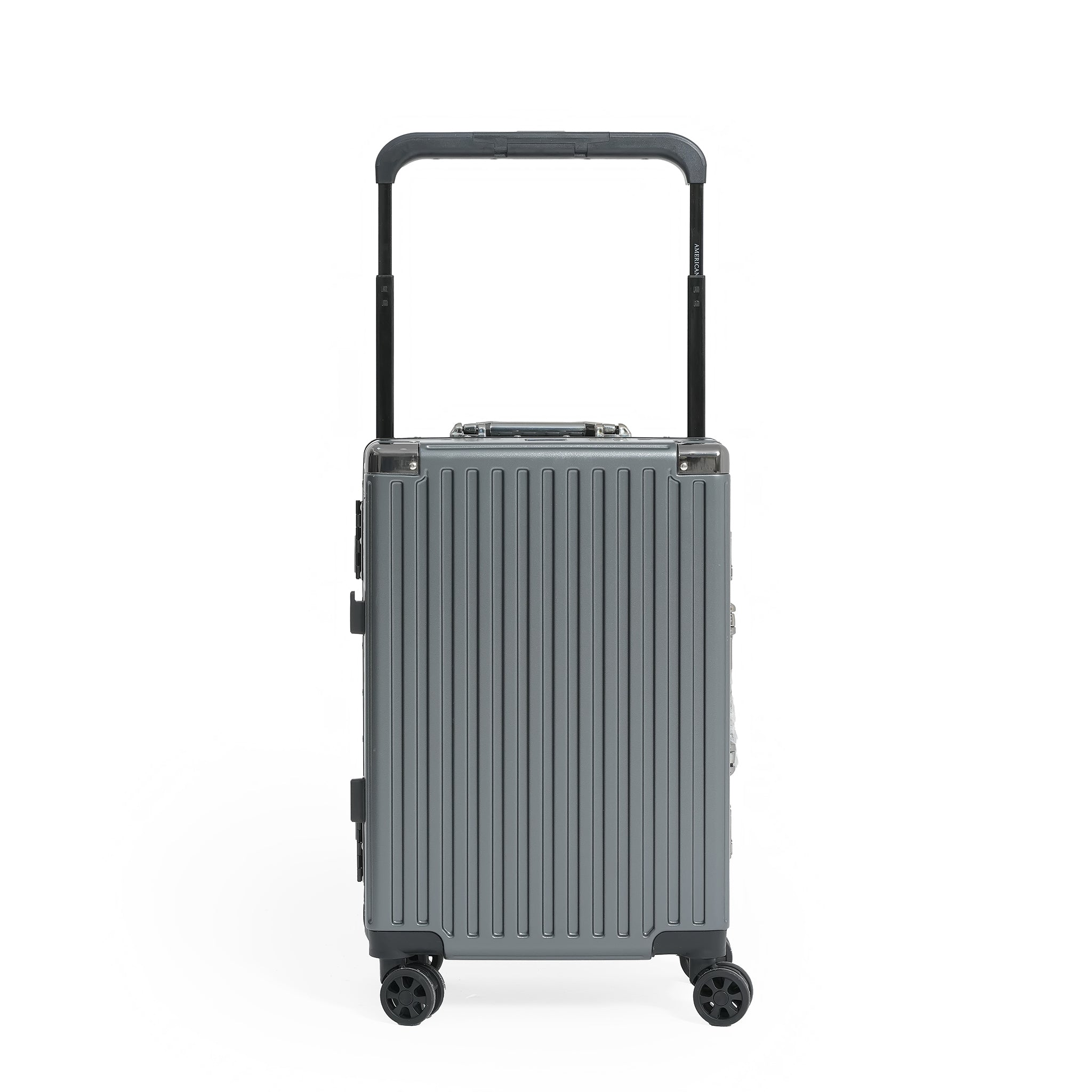 Gray suitcase with a black handle on a white background