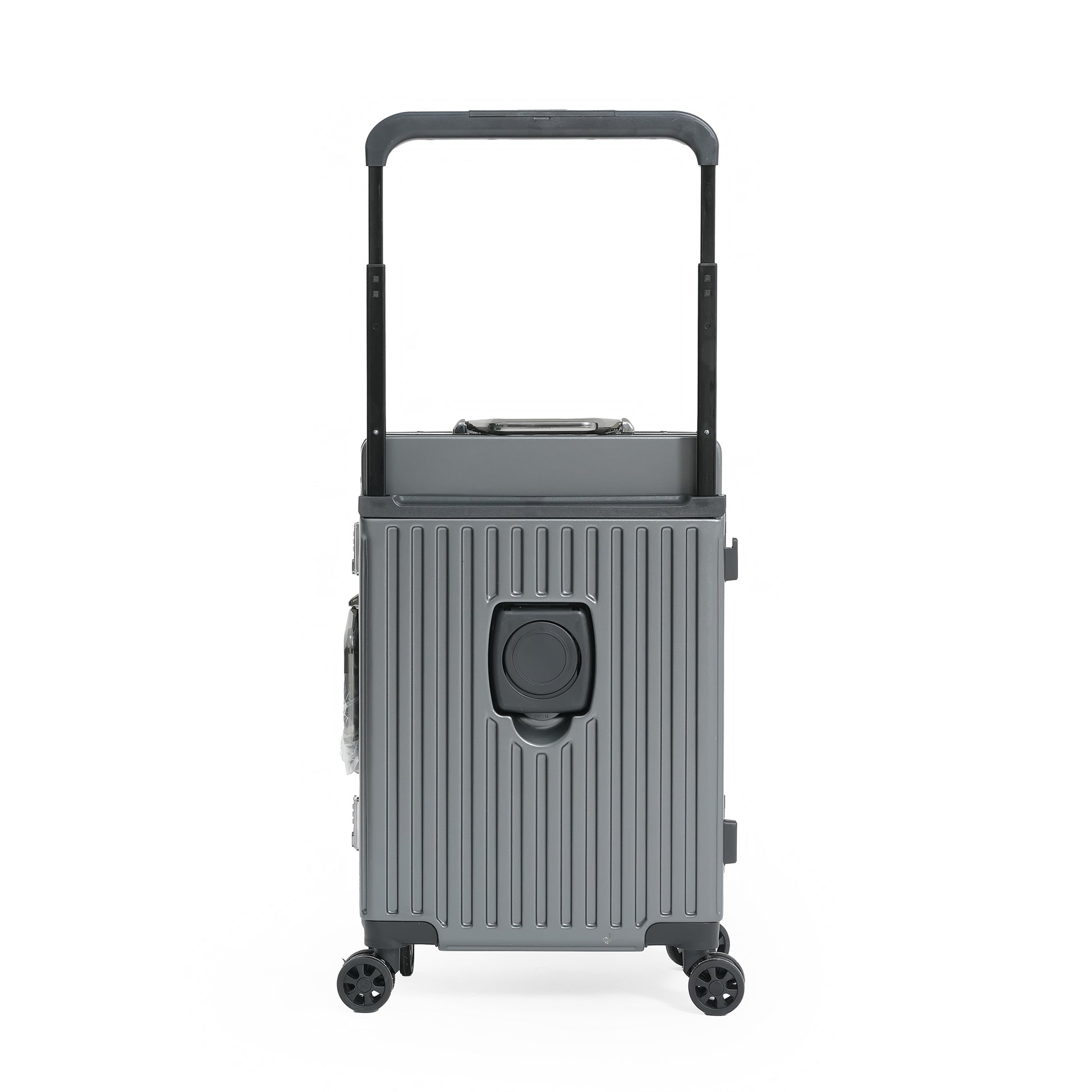 Gray suitcase with wheels and a handle on a white background