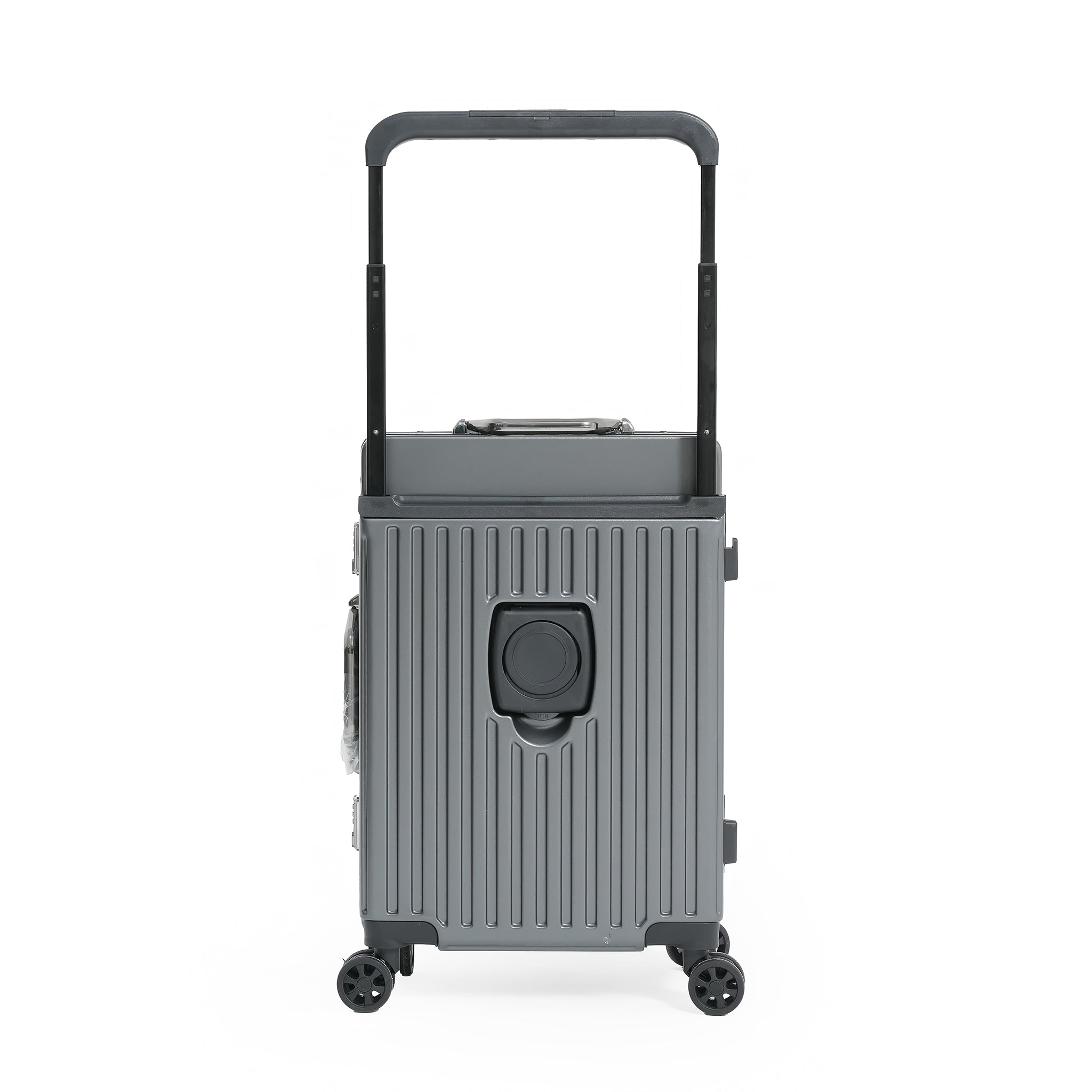 Gray suitcase with wheels and a handle on a white background