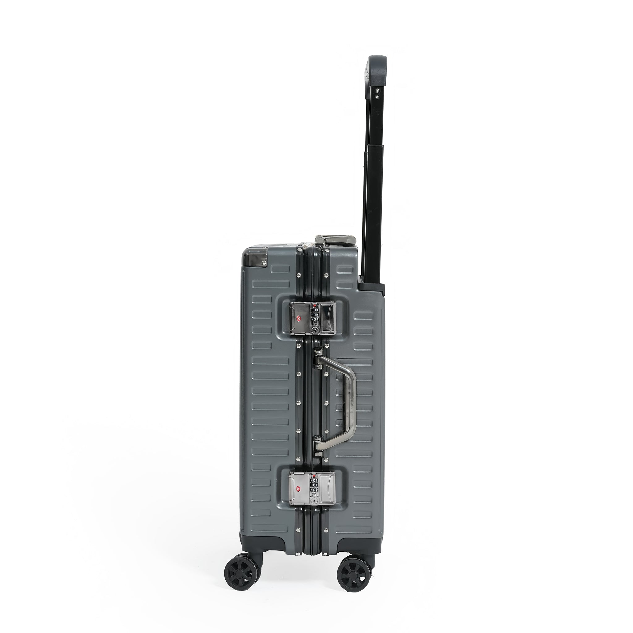 Gray suitcase with wheels and handle on a white background