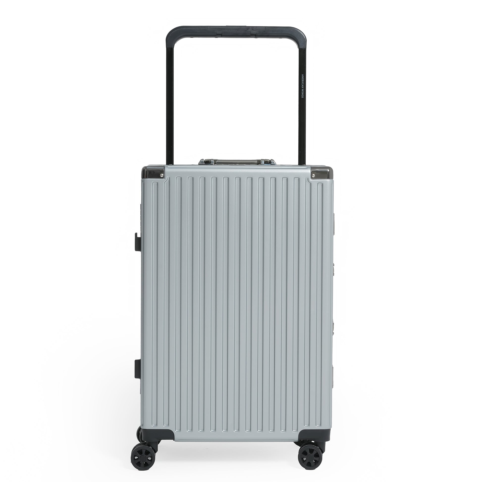 Silver suitcase with a black handle on a white background