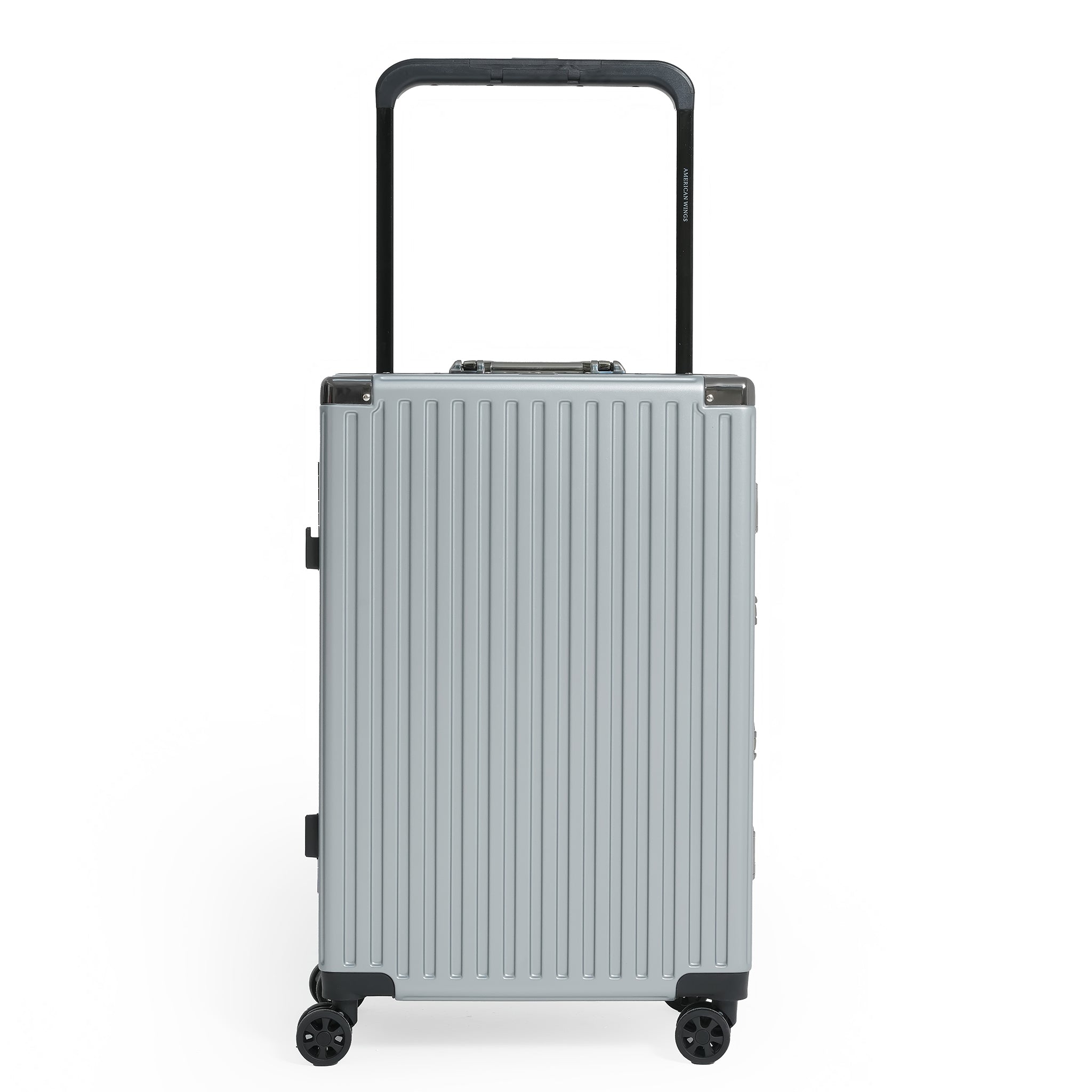 Silver suitcase with a black handle on a white background