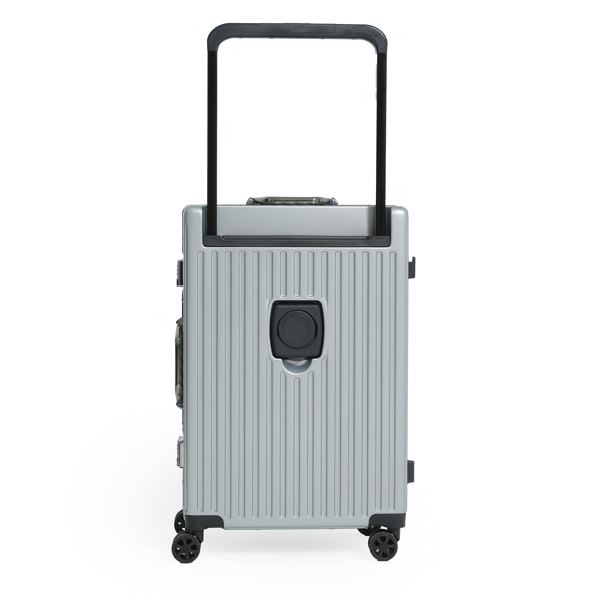 Silver suitcase with black handle and wheels on a white background
