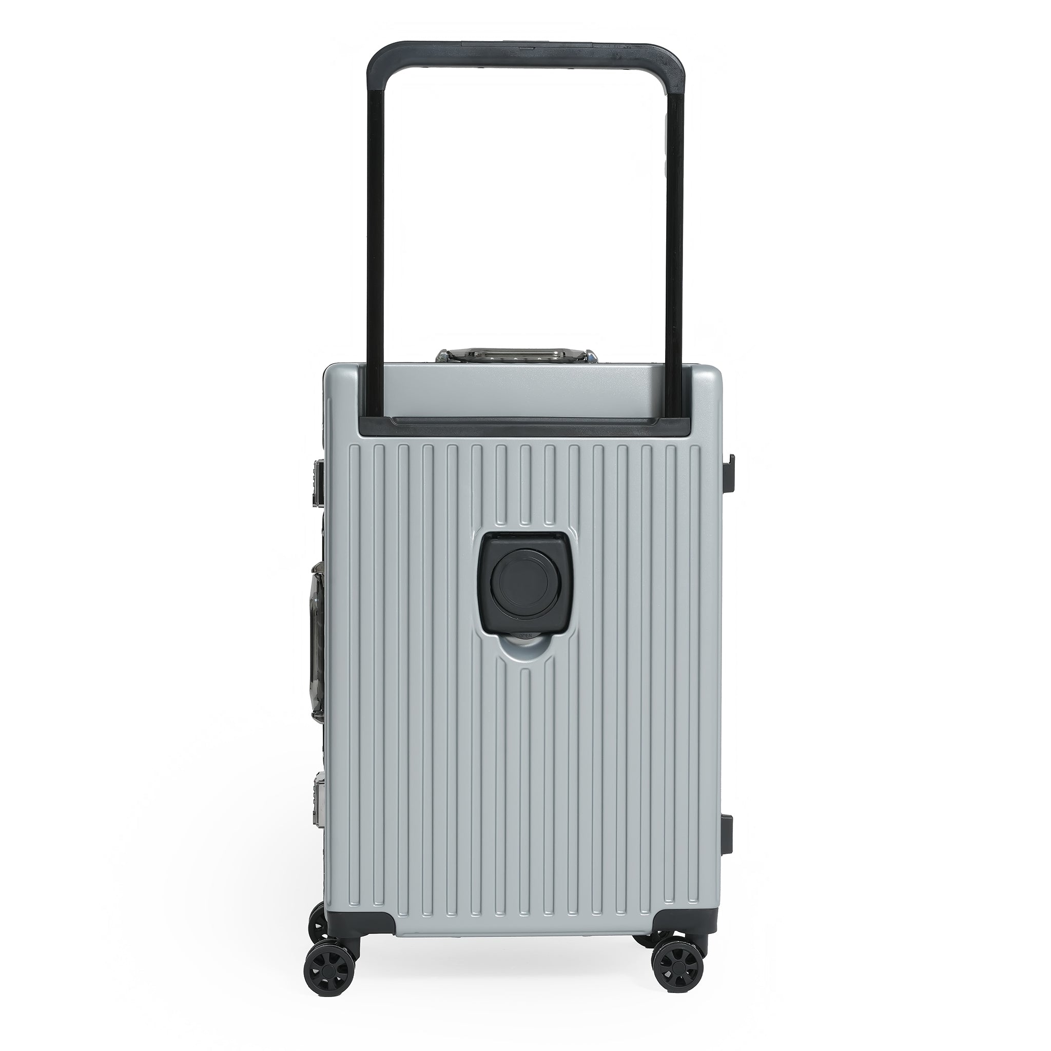 Silver suitcase with black handle and wheels on a white background