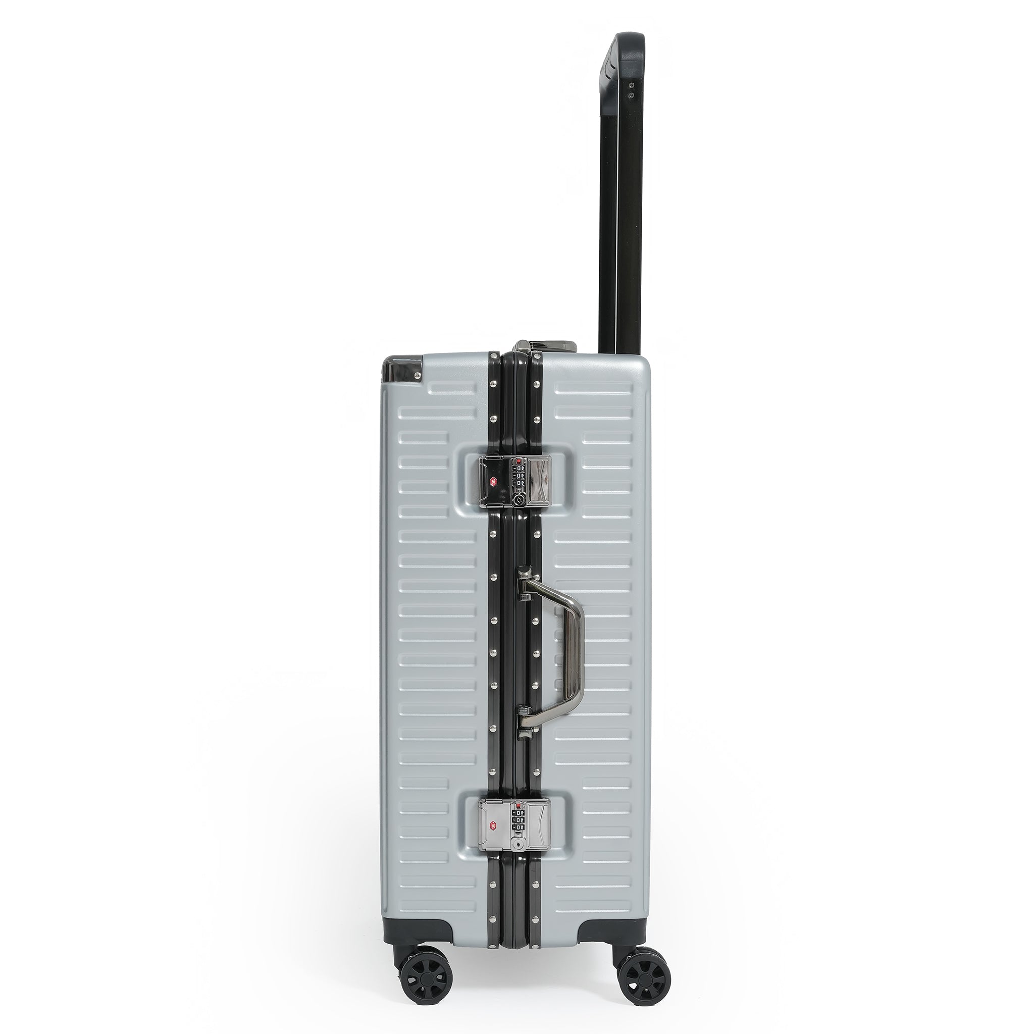 Silver suitcase with black handle and wheels on a white background