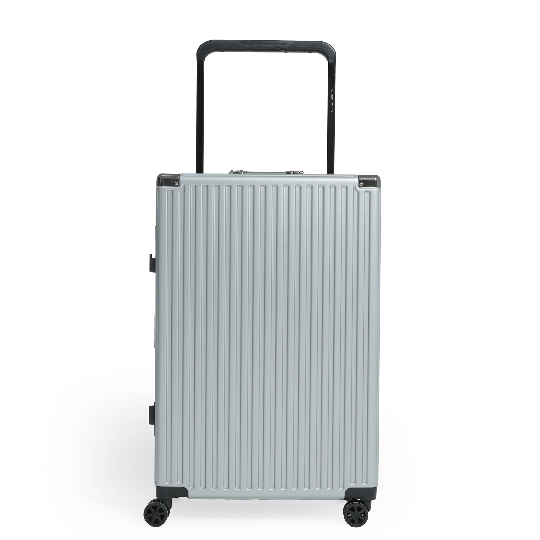 Silver suitcase with black handle and wheels on a white background