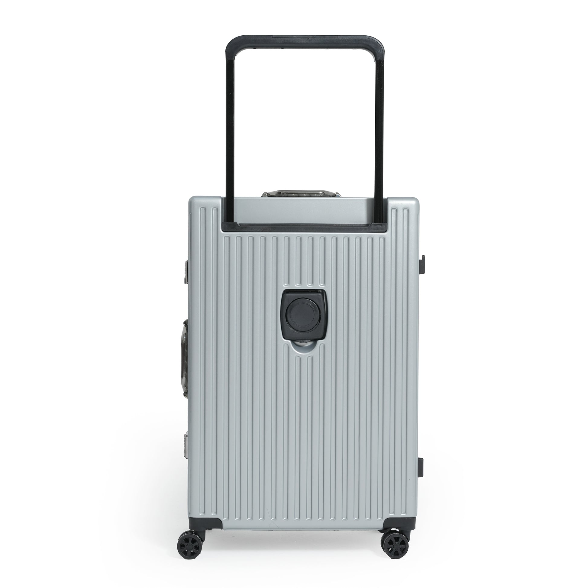 Silver suitcase with a black handle on a white background