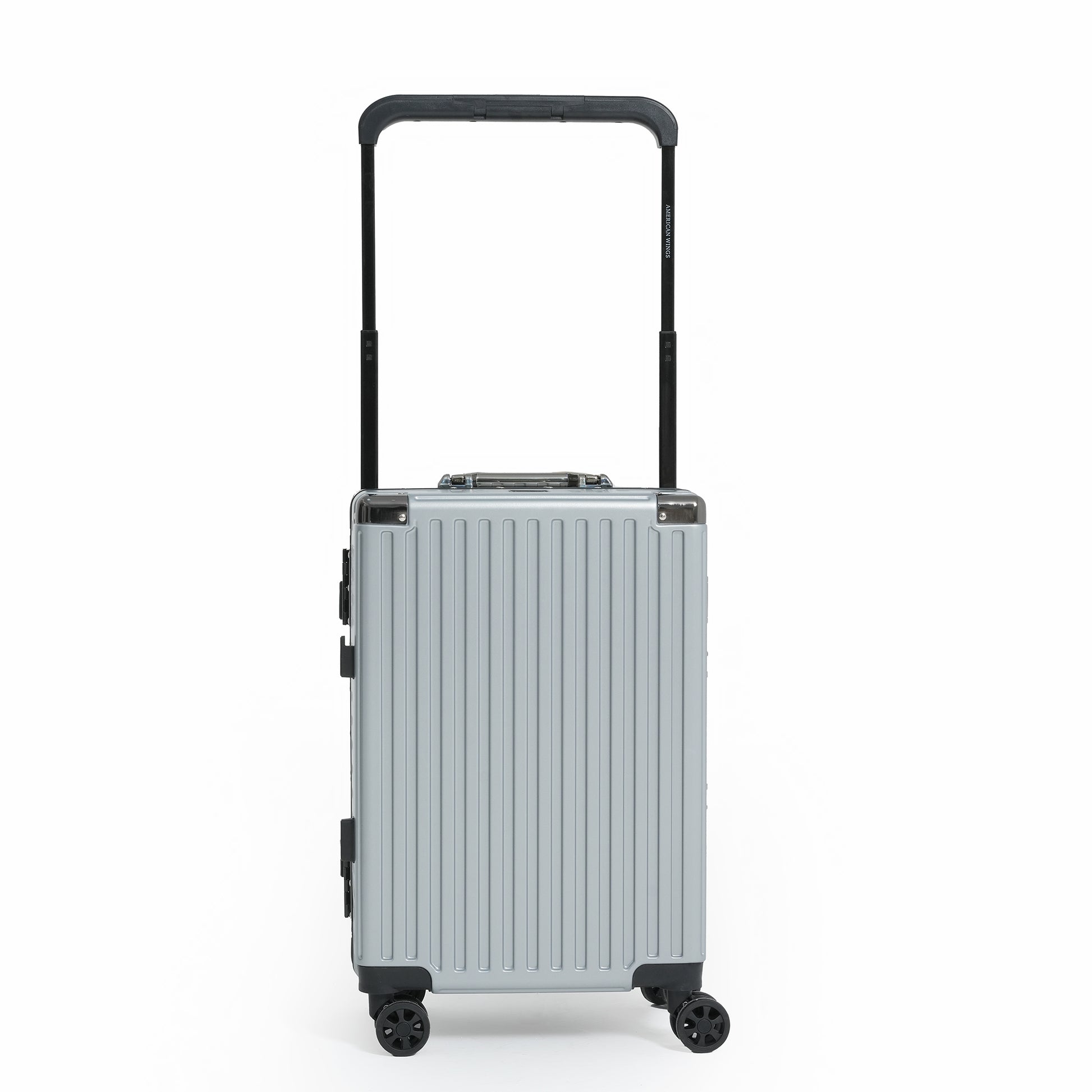 Silver suitcase with a black handle on a white background