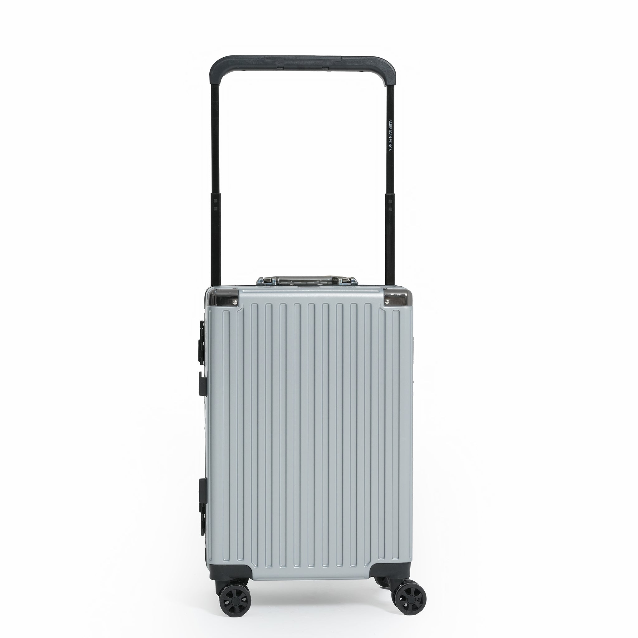 Silver suitcase with a black handle on a white background