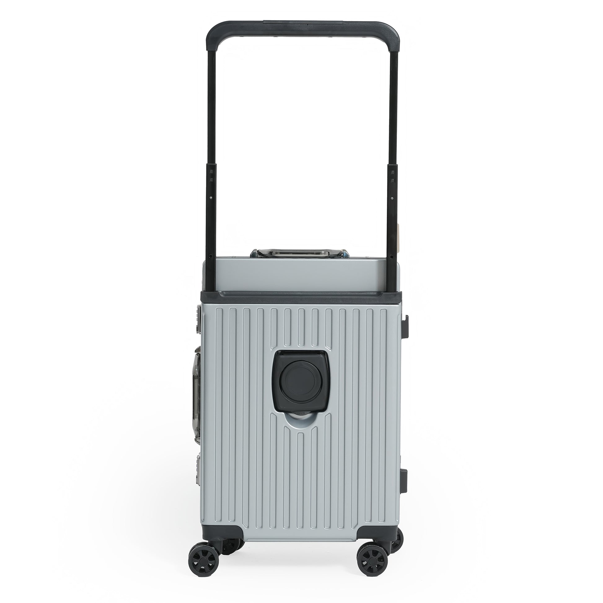 Silver suitcase with black handle and wheels on a white background