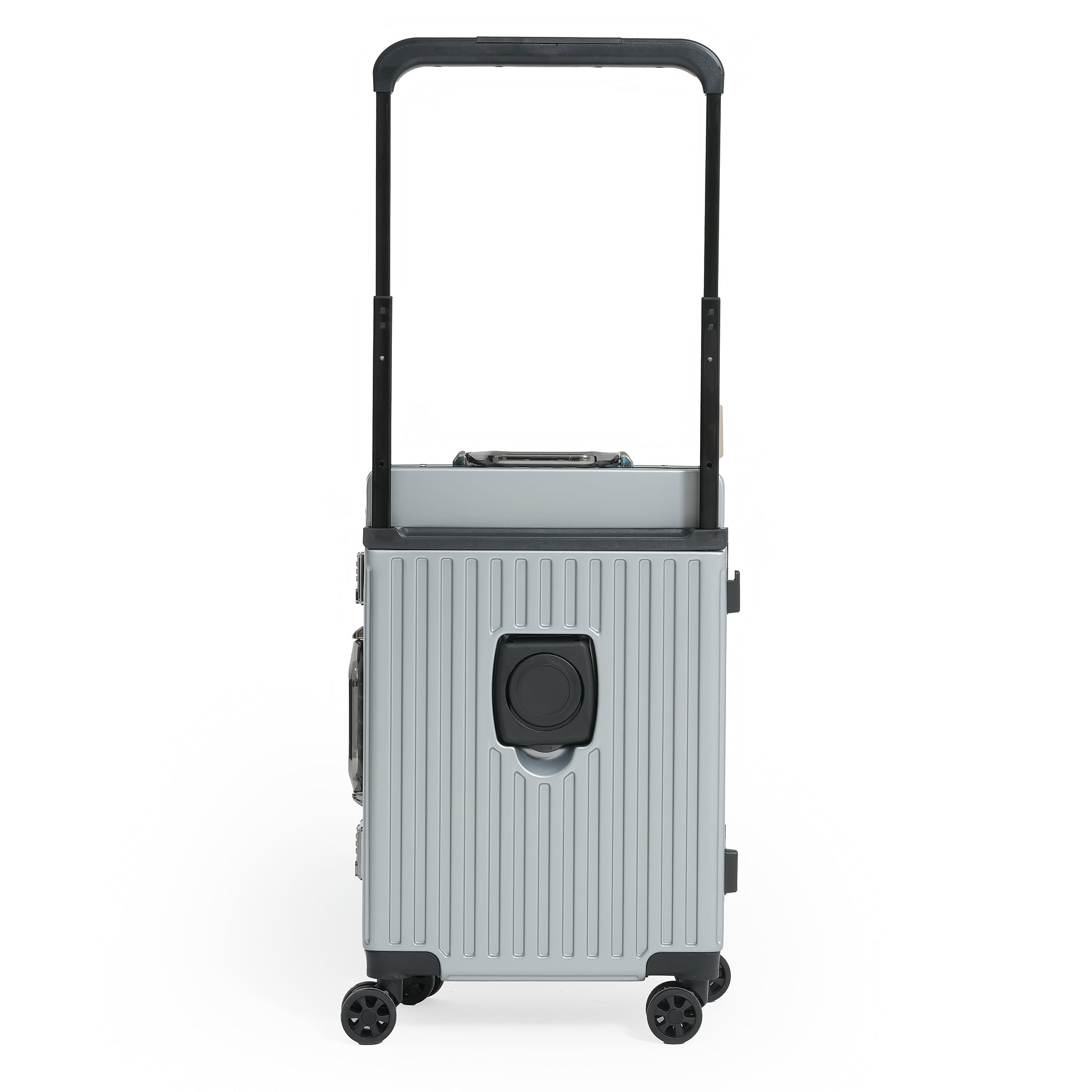 Silver suitcase with black handle and wheels on a white background