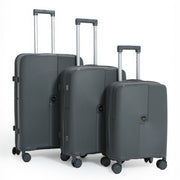 Three gray suitcases of different sizes on a white background