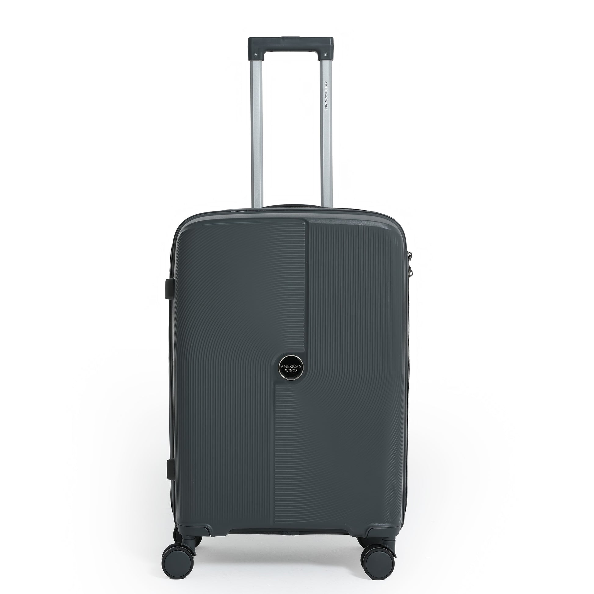 Black suitcase with wheels on a white background
