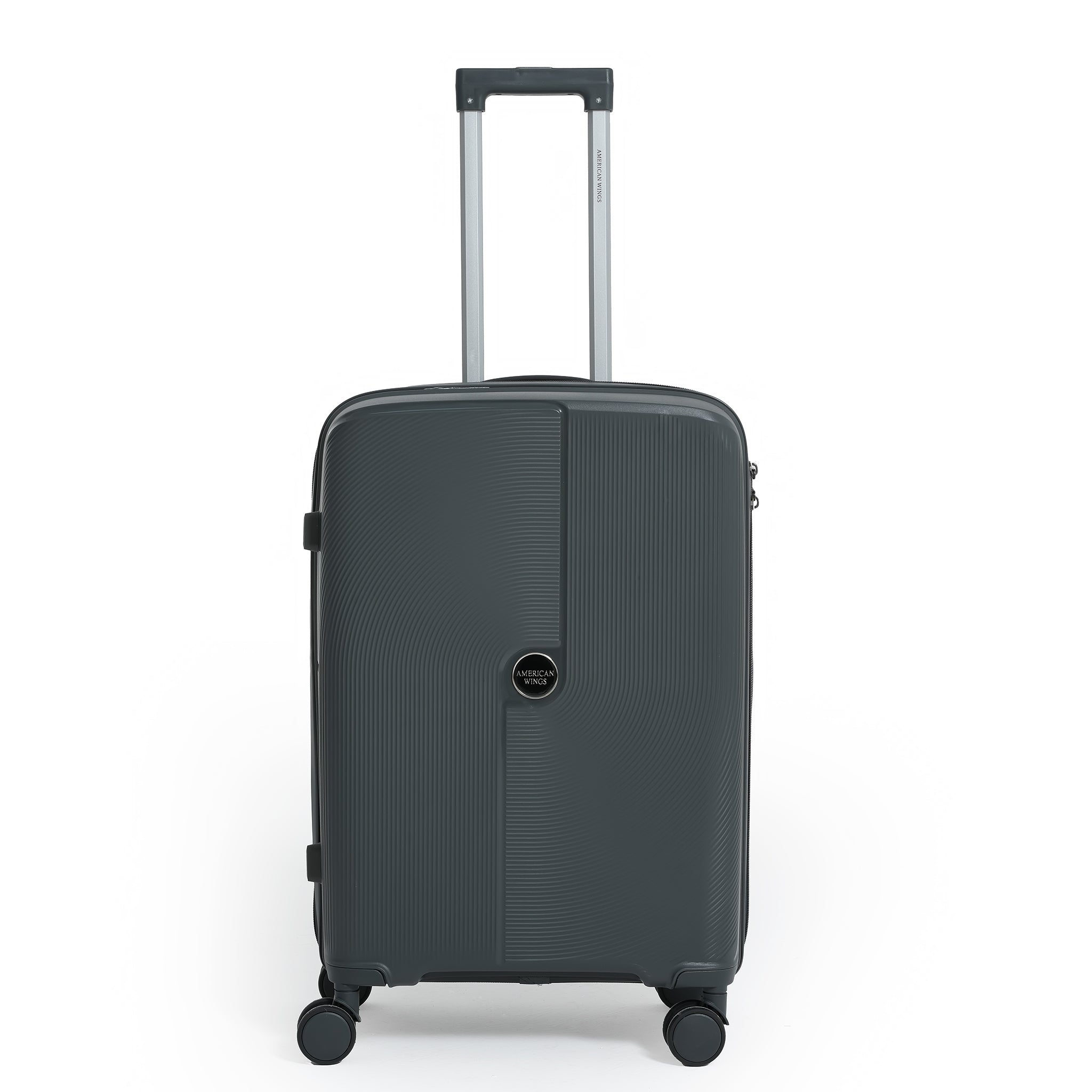 Black suitcase with wheels on a white background