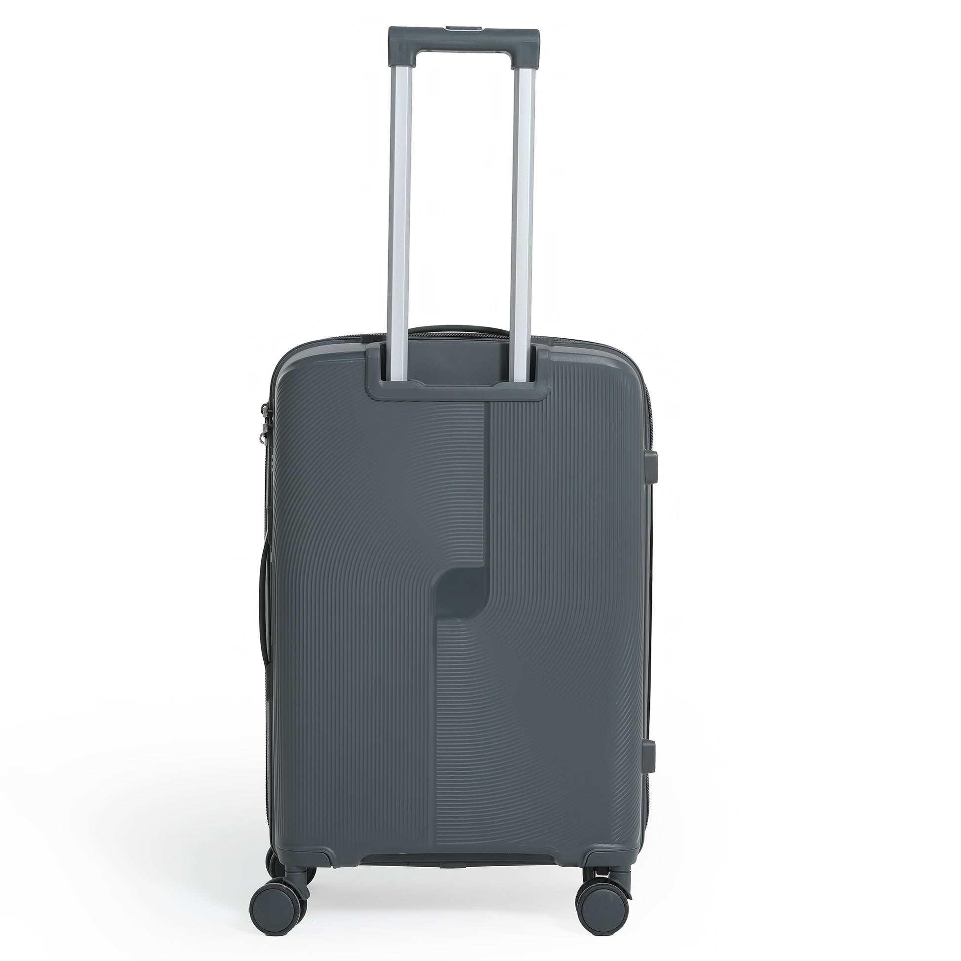 Black suitcase with wheels and handle on a white background