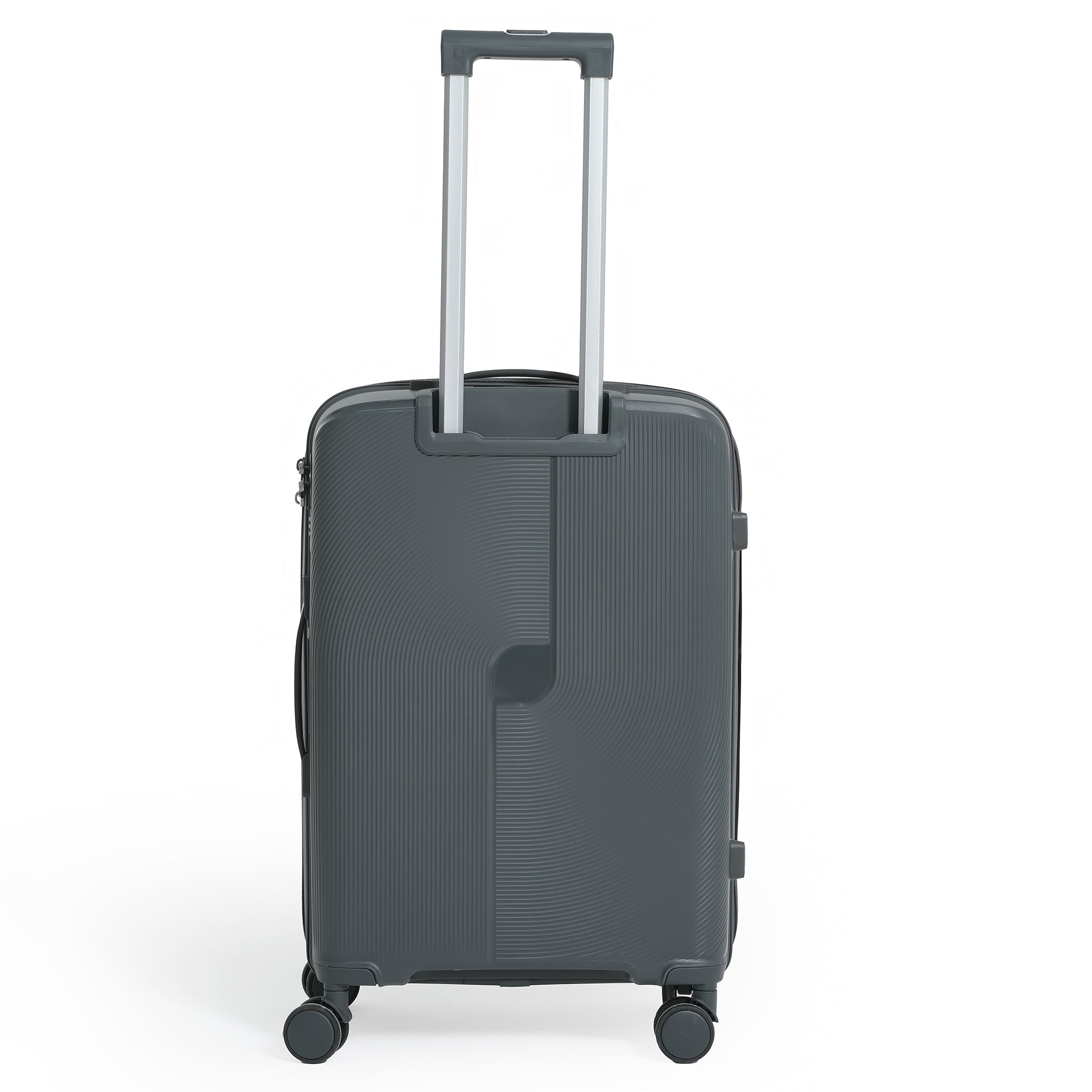 Black suitcase with wheels and handle on a white background