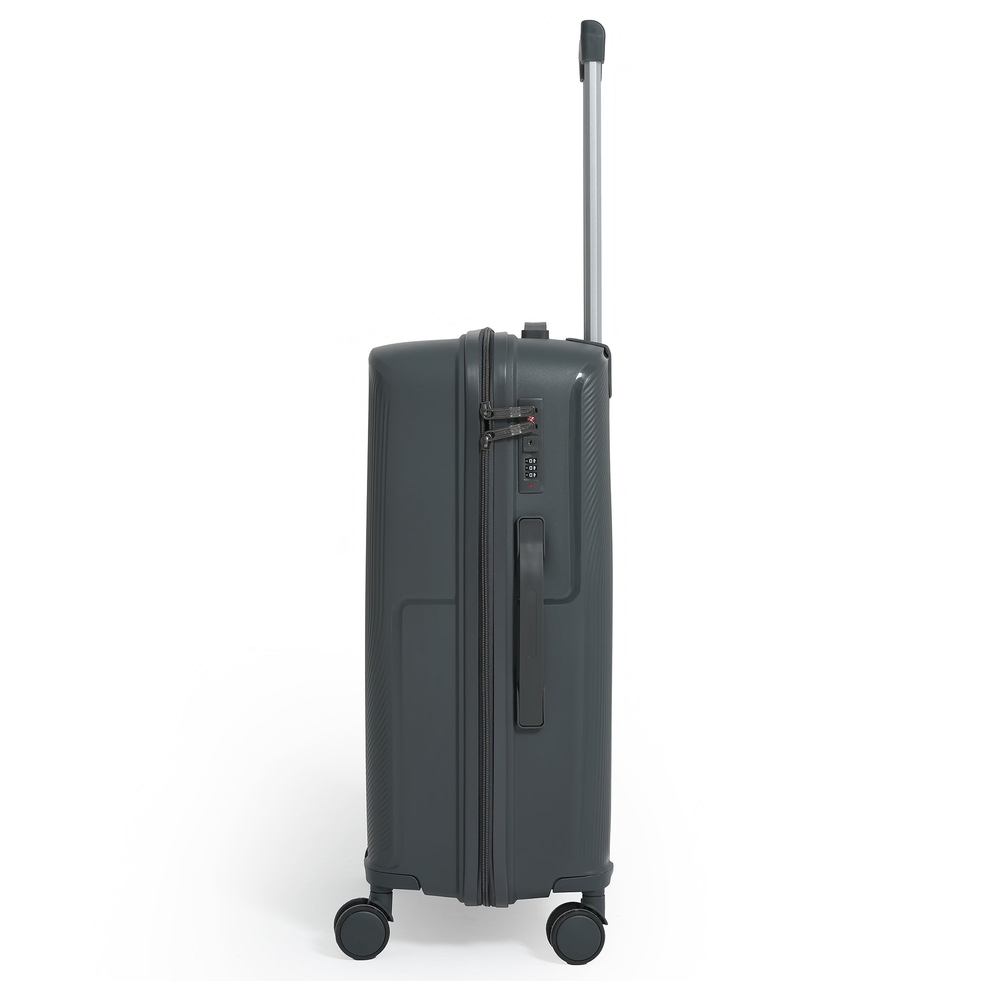 Black suitcase with wheels and handle on a white background