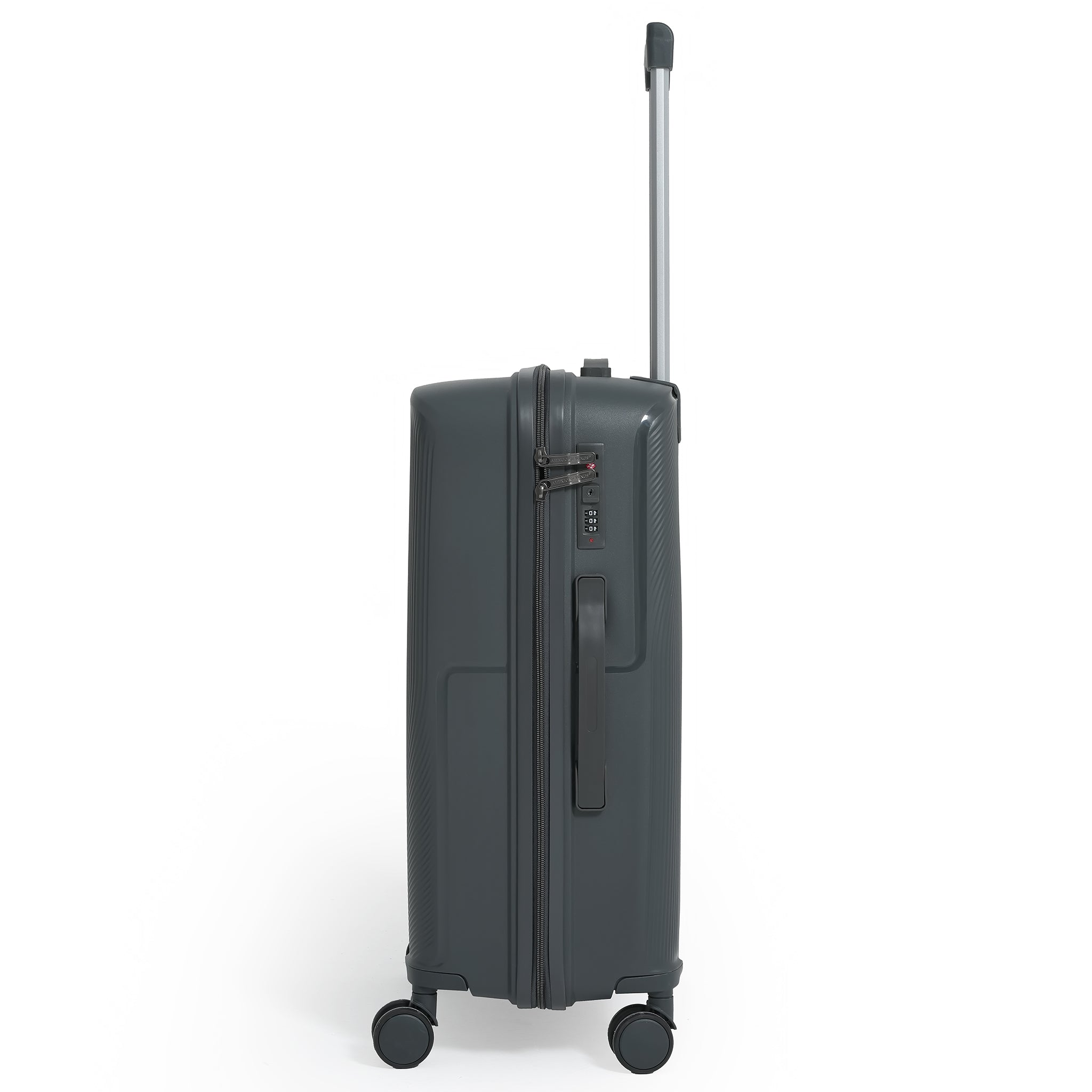 Black suitcase with wheels and handle on a white background