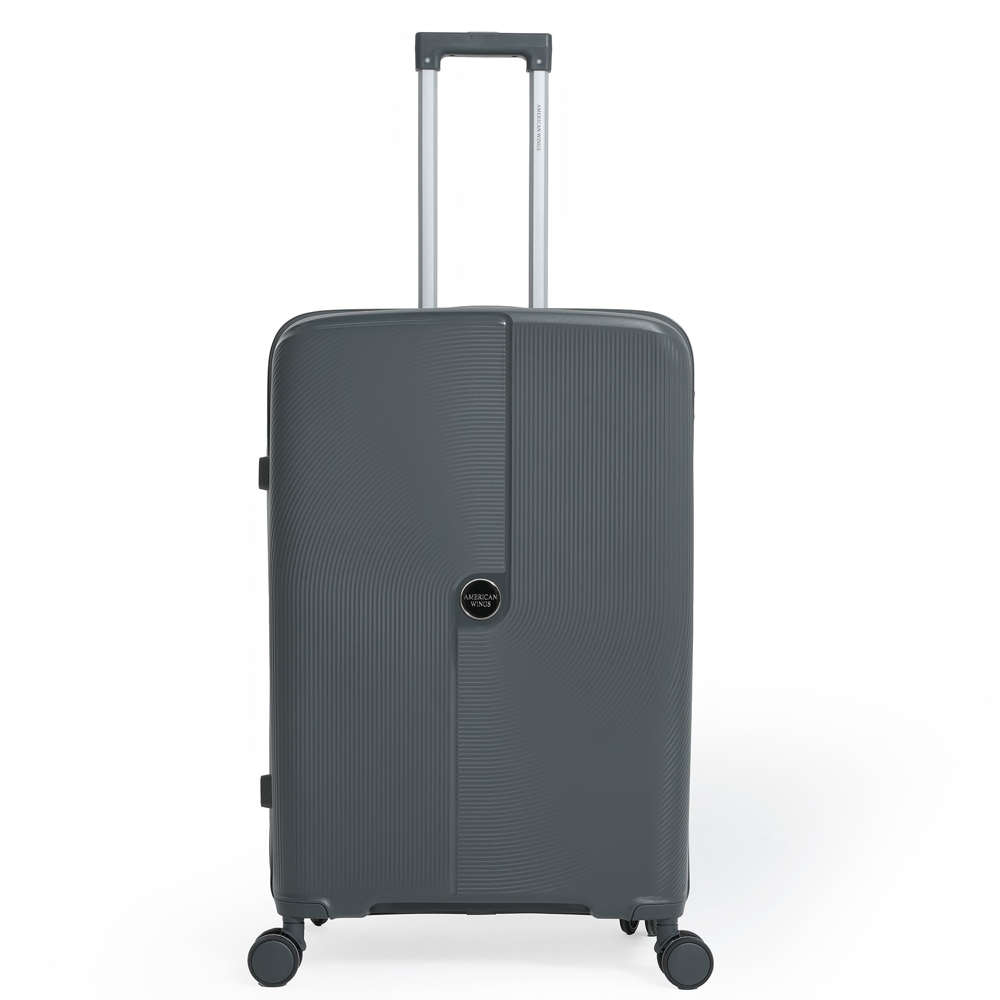 Gray suitcase with a handle on a white background