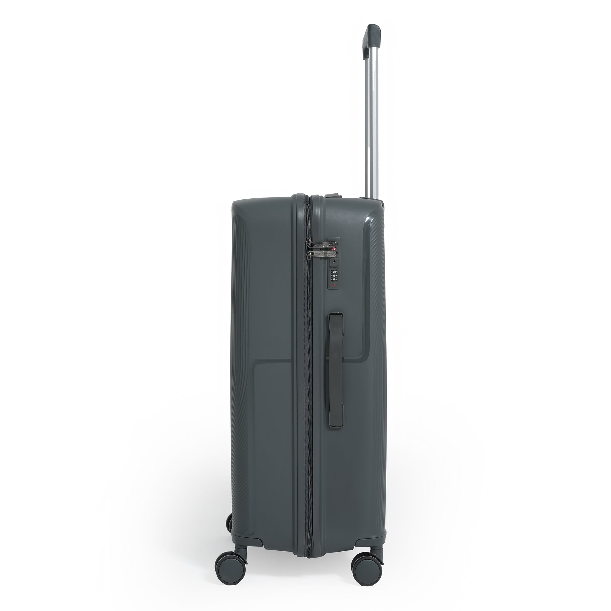 Gray suitcase with wheels on a white background