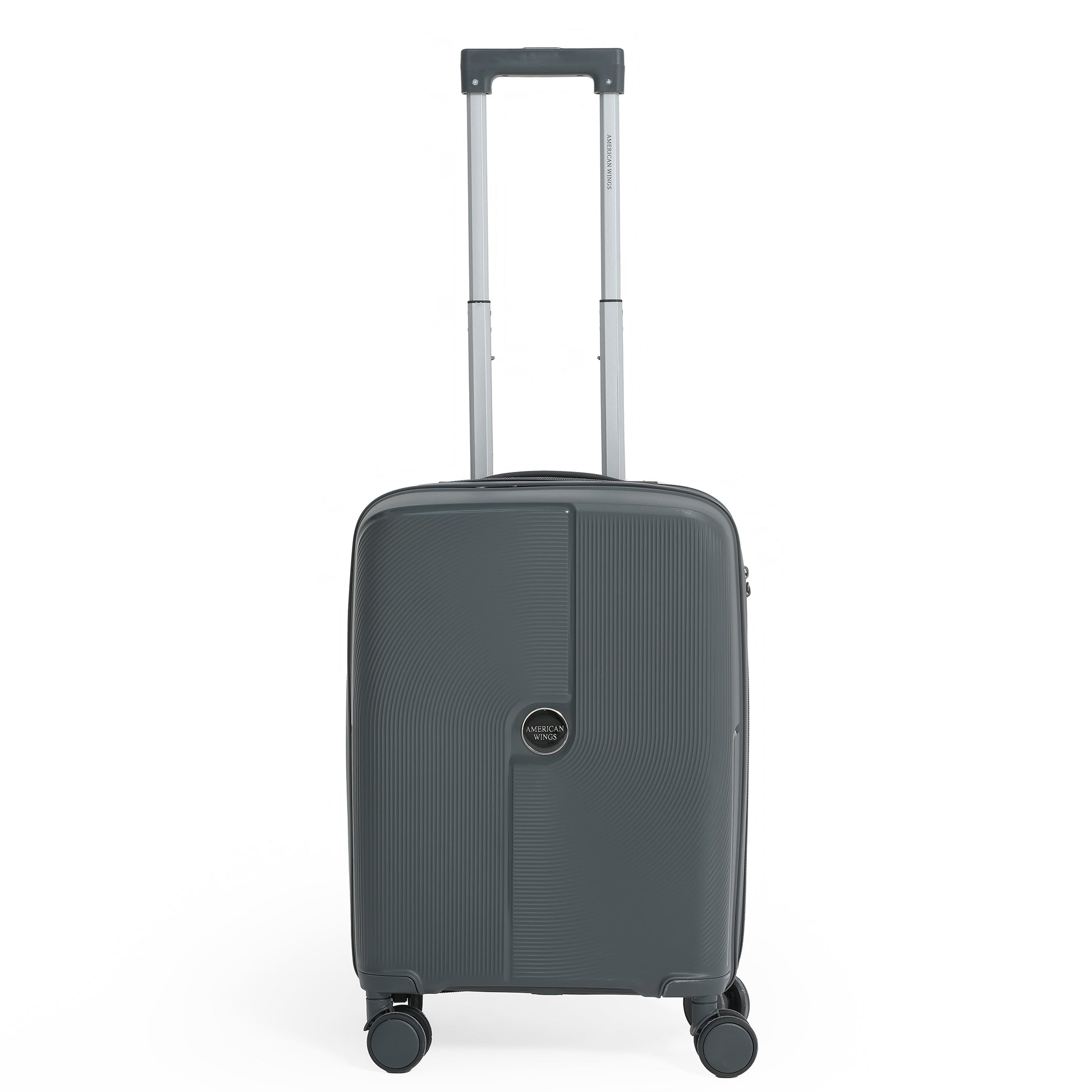 Gray suitcase with a handle on a white background