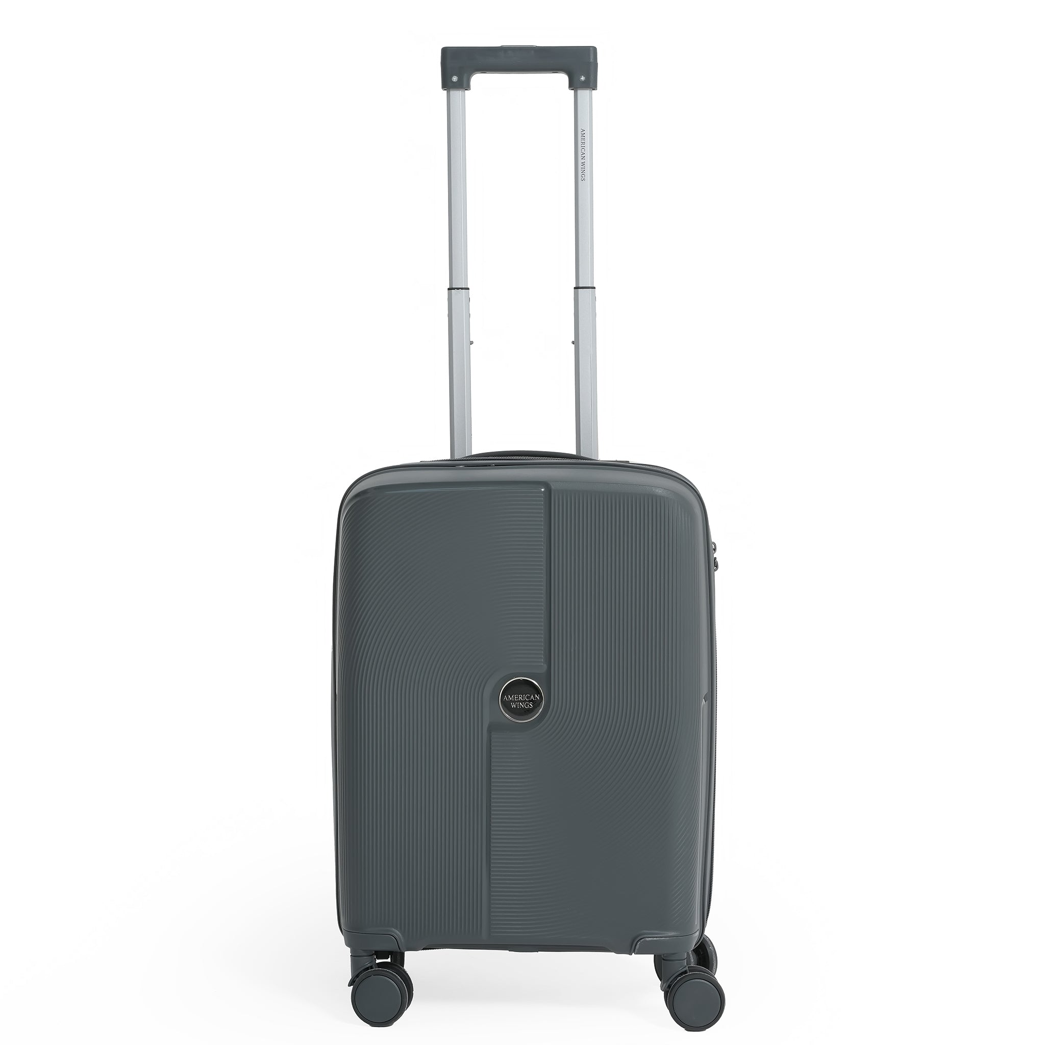 Gray suitcase with a handle on a white background