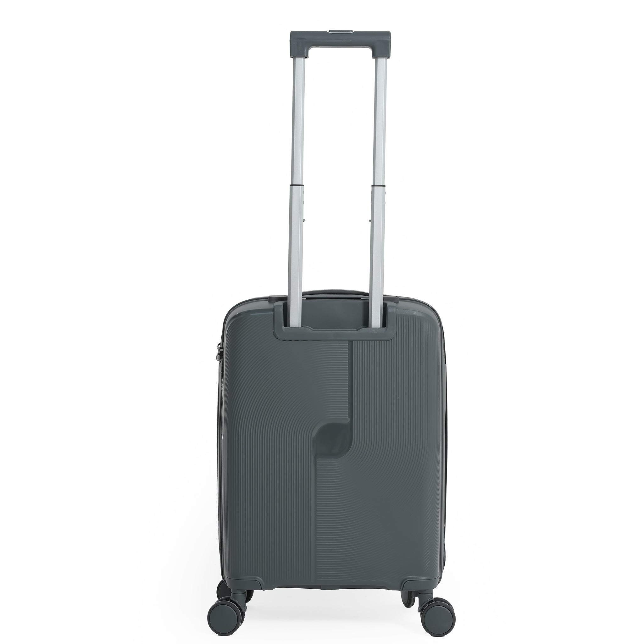 Gray suitcase with wheels and a handle on a white background