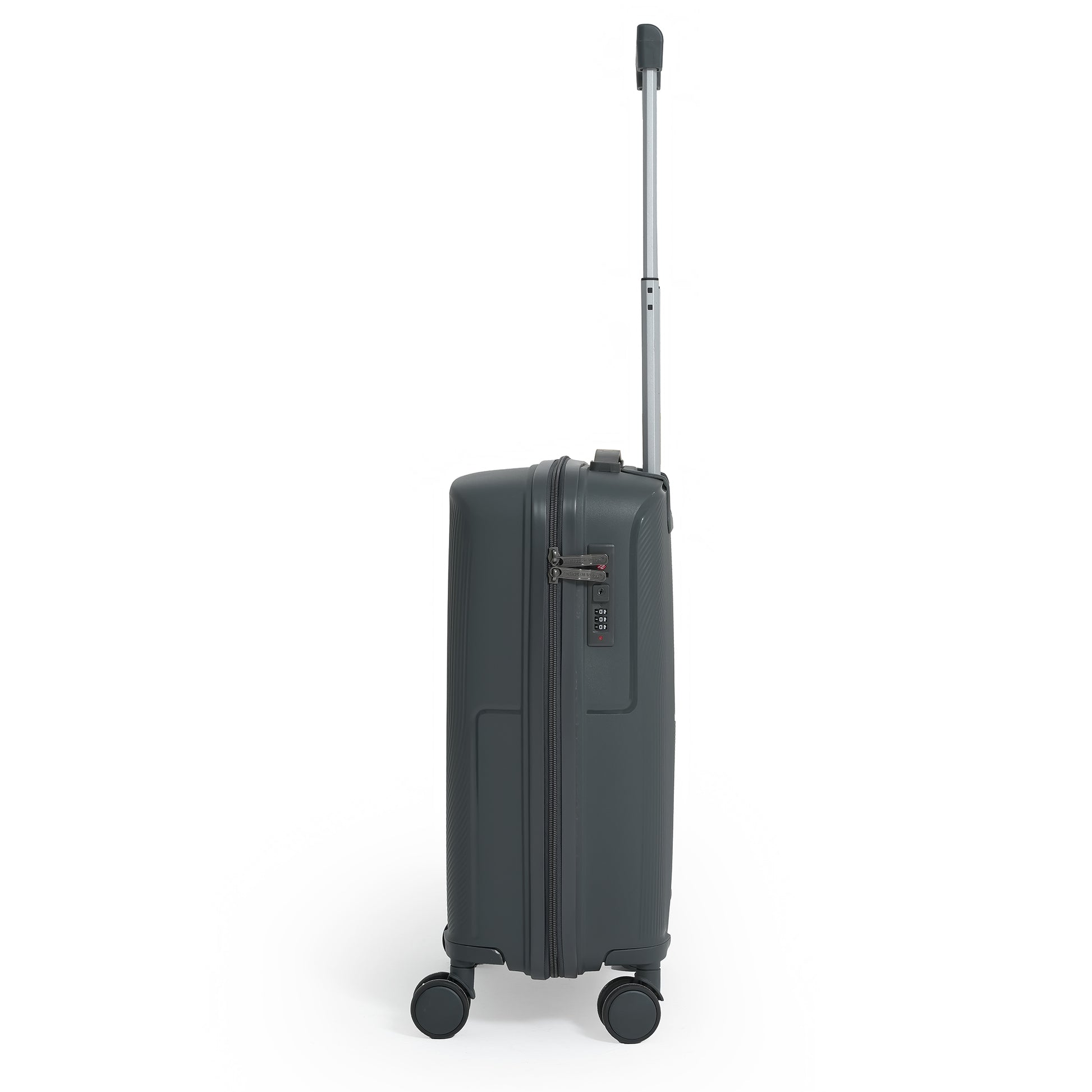 Black suitcase with wheels and a handle on a white background