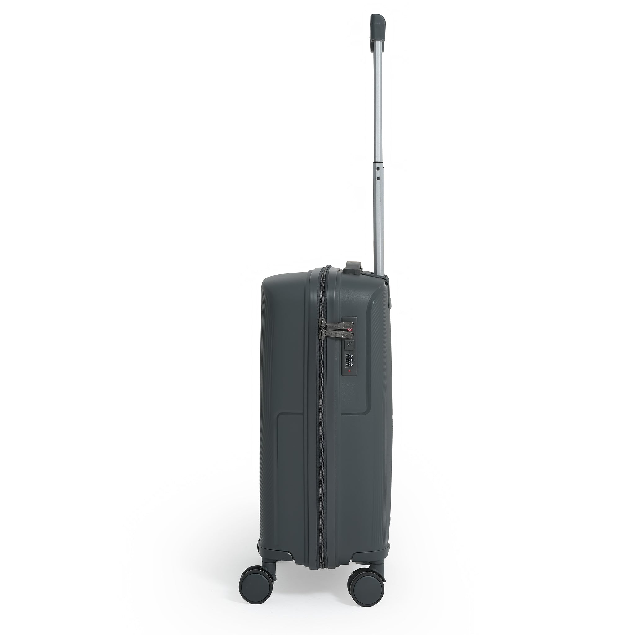Black suitcase with wheels and a handle on a white background