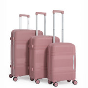 Set of three pink suitcases with wheels on a white background