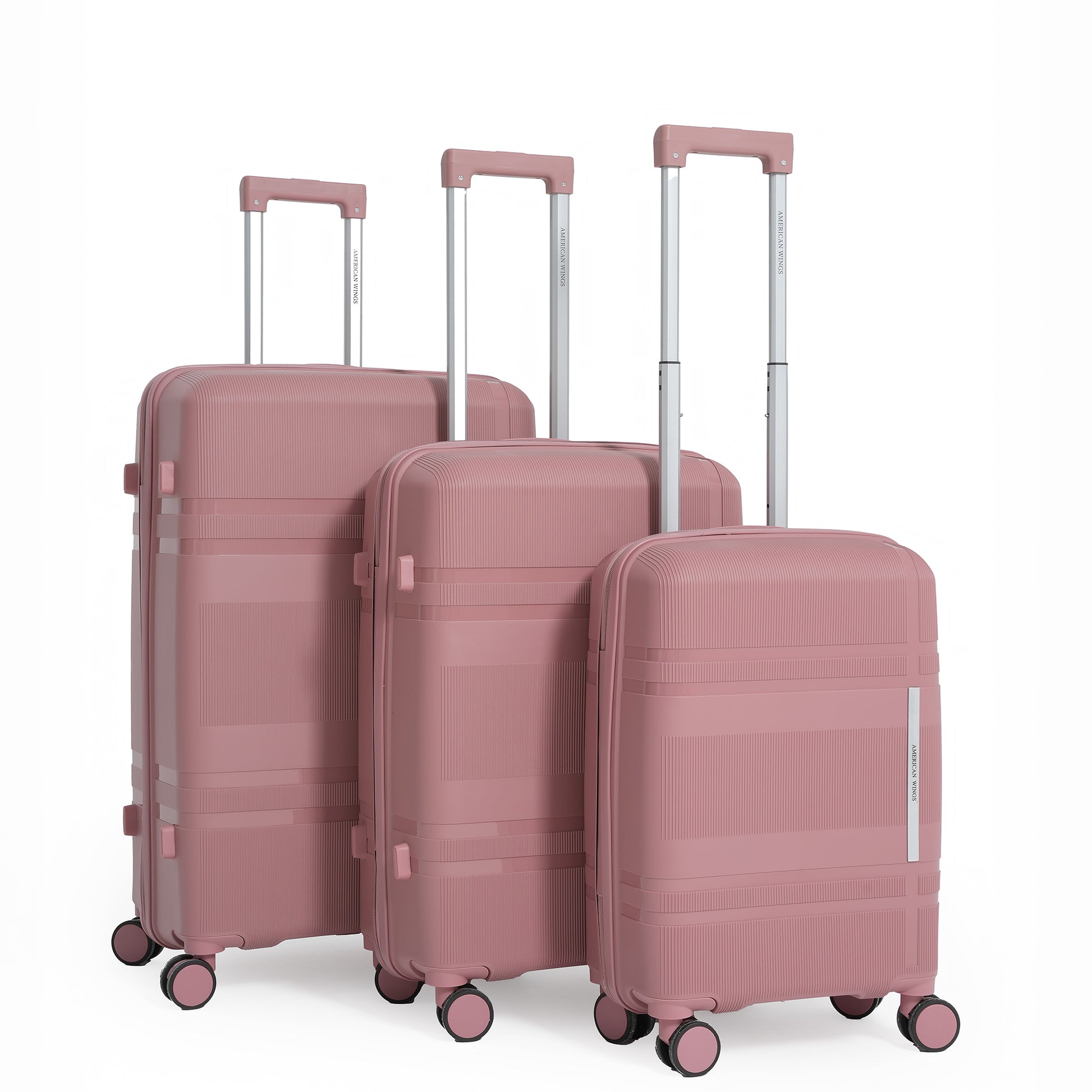 Set of three pink suitcases with wheels on a white background