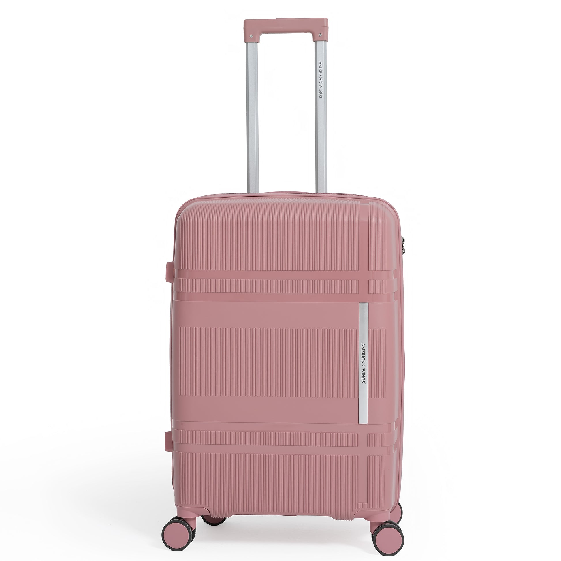 Pink suitcase with a handle on a white background