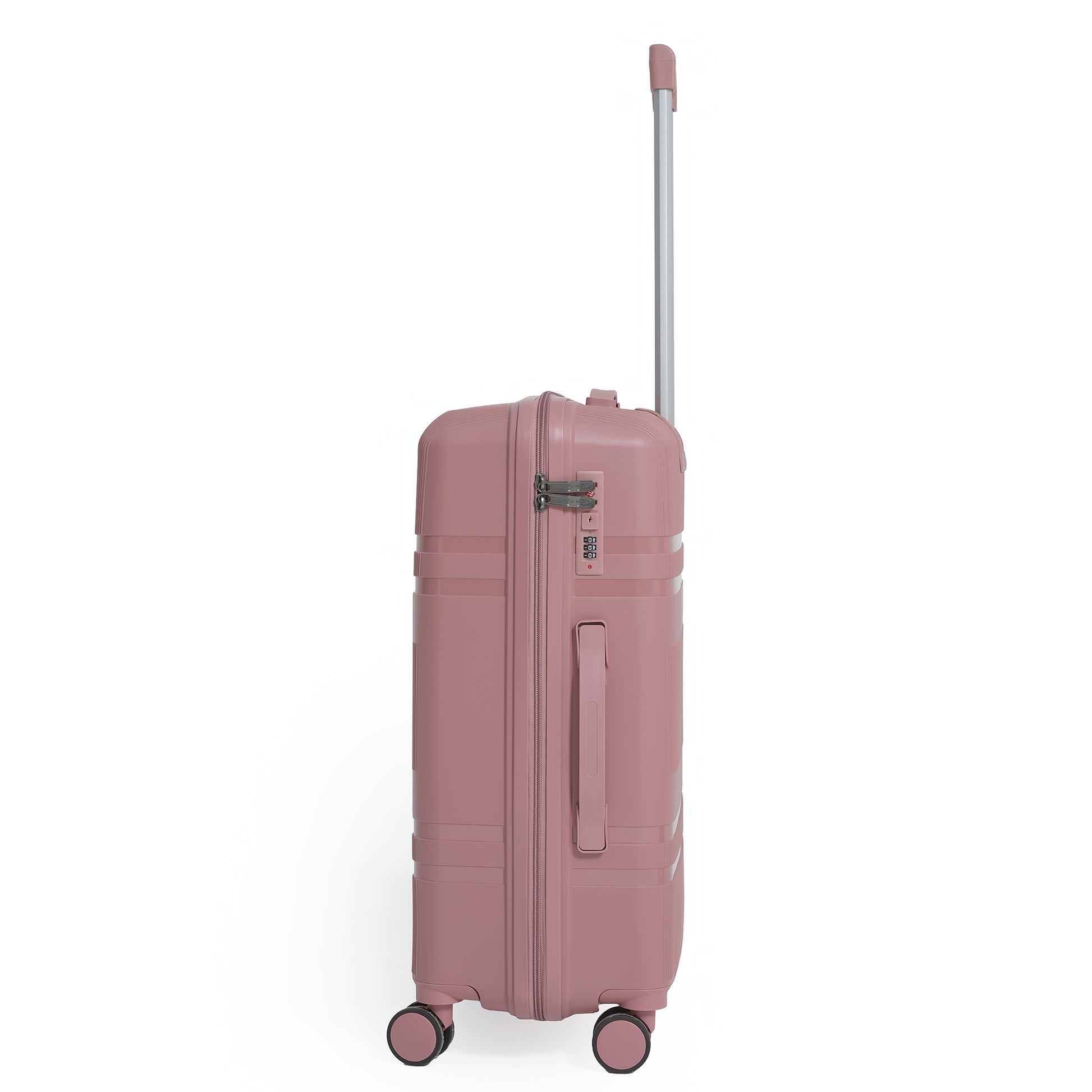 Pink suitcase with wheels and handle on a white background