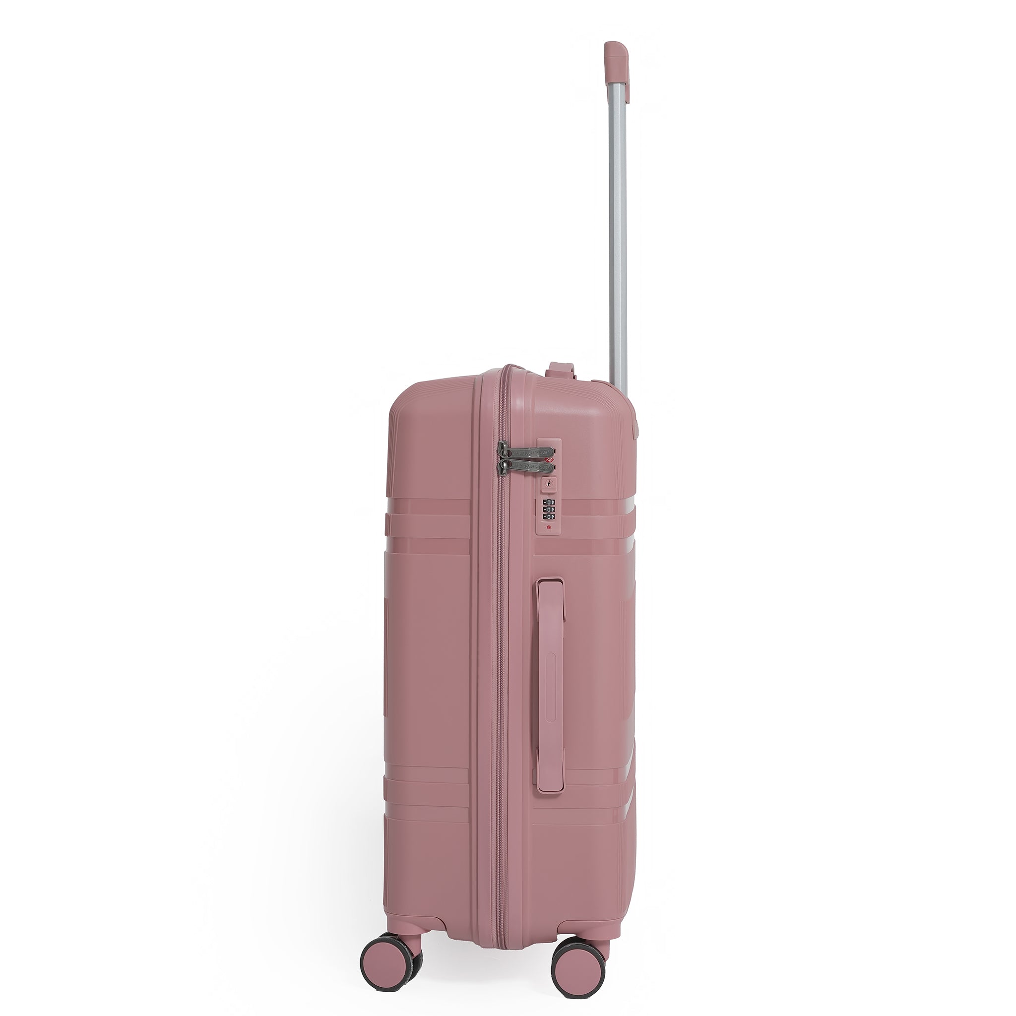 Pink suitcase with wheels and handle on a white background