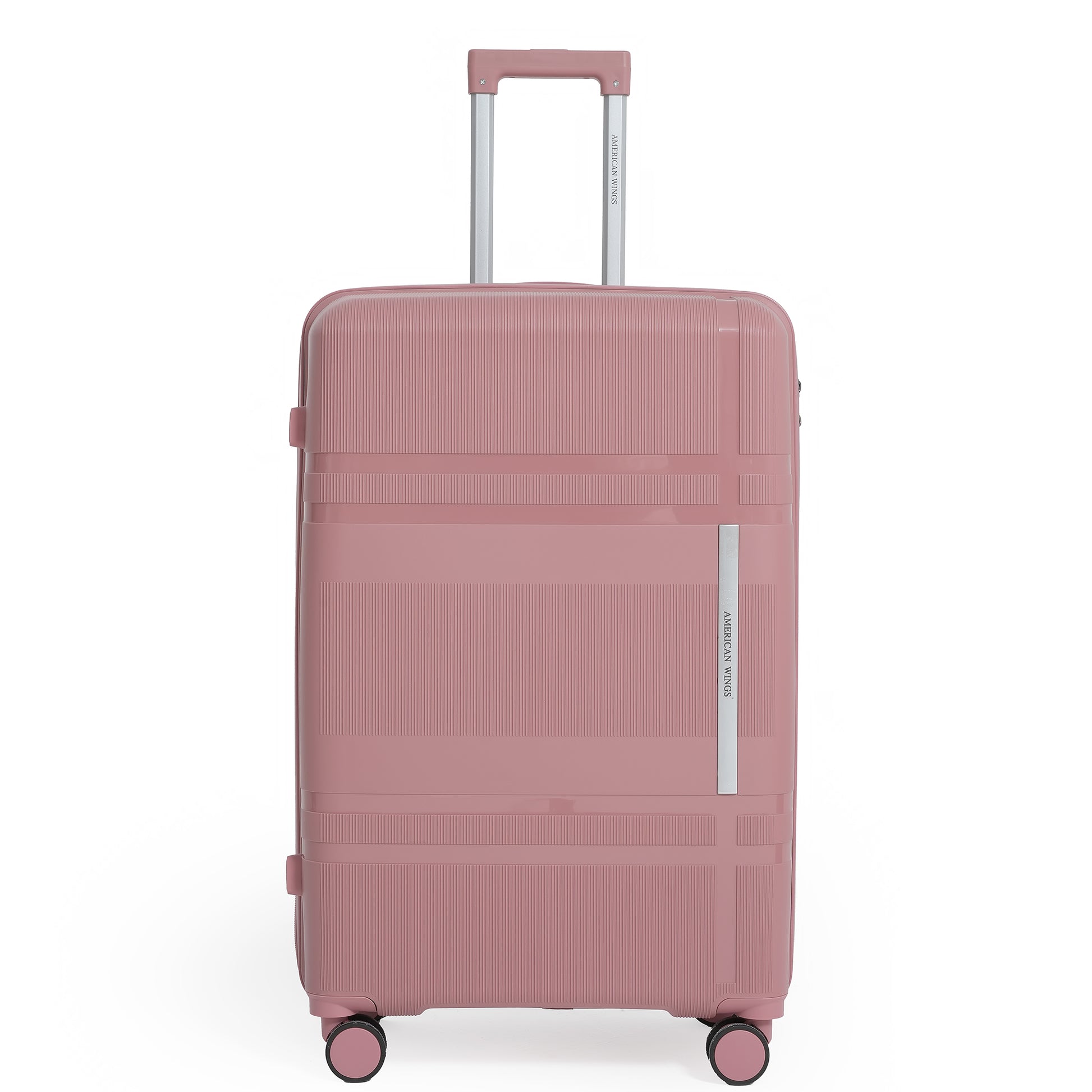 Pink suitcase with a handle on a white background