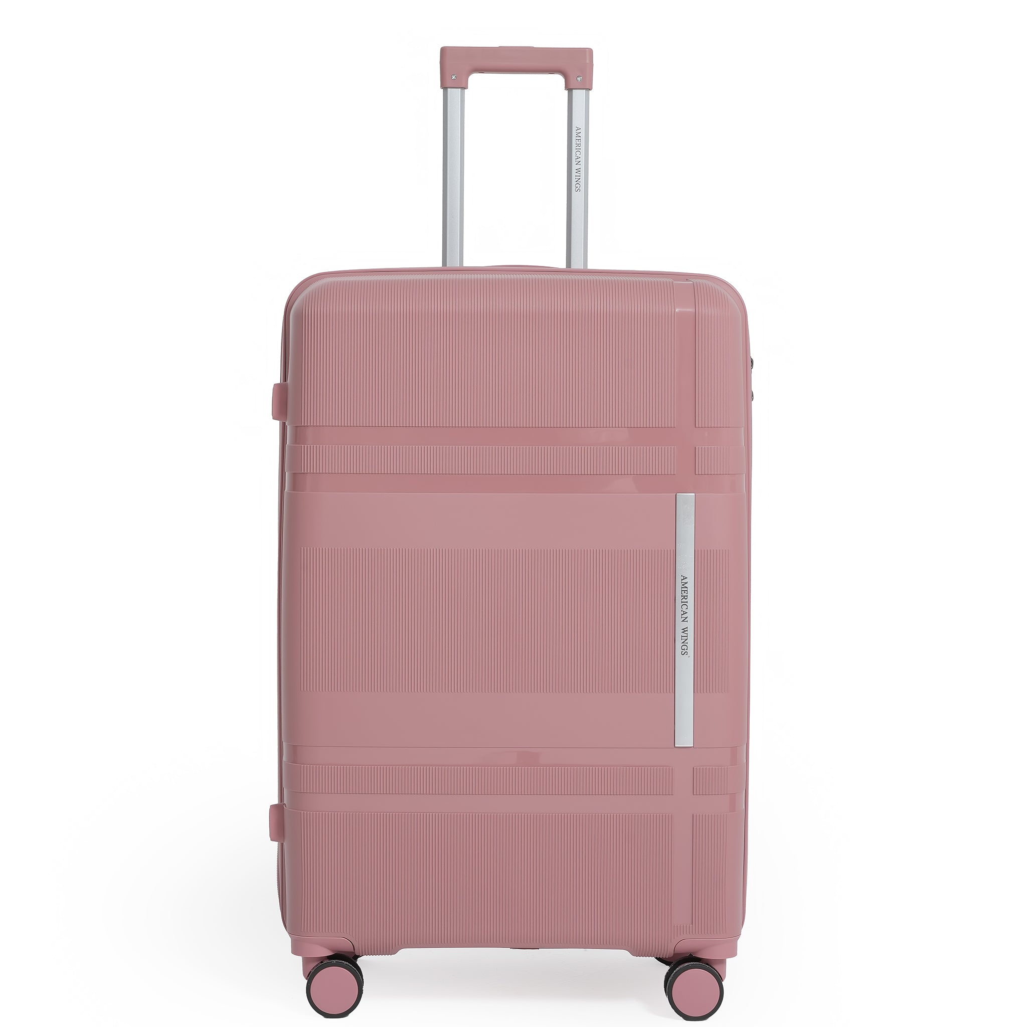 Pink suitcase with a handle on a white background