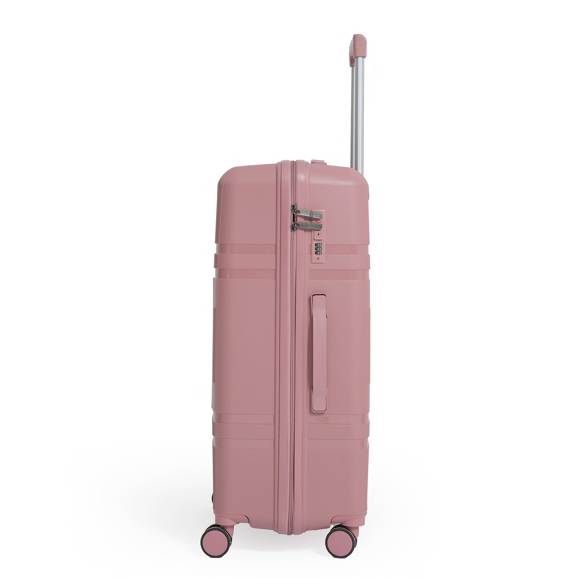 Pink suitcase with wheels on a white background
