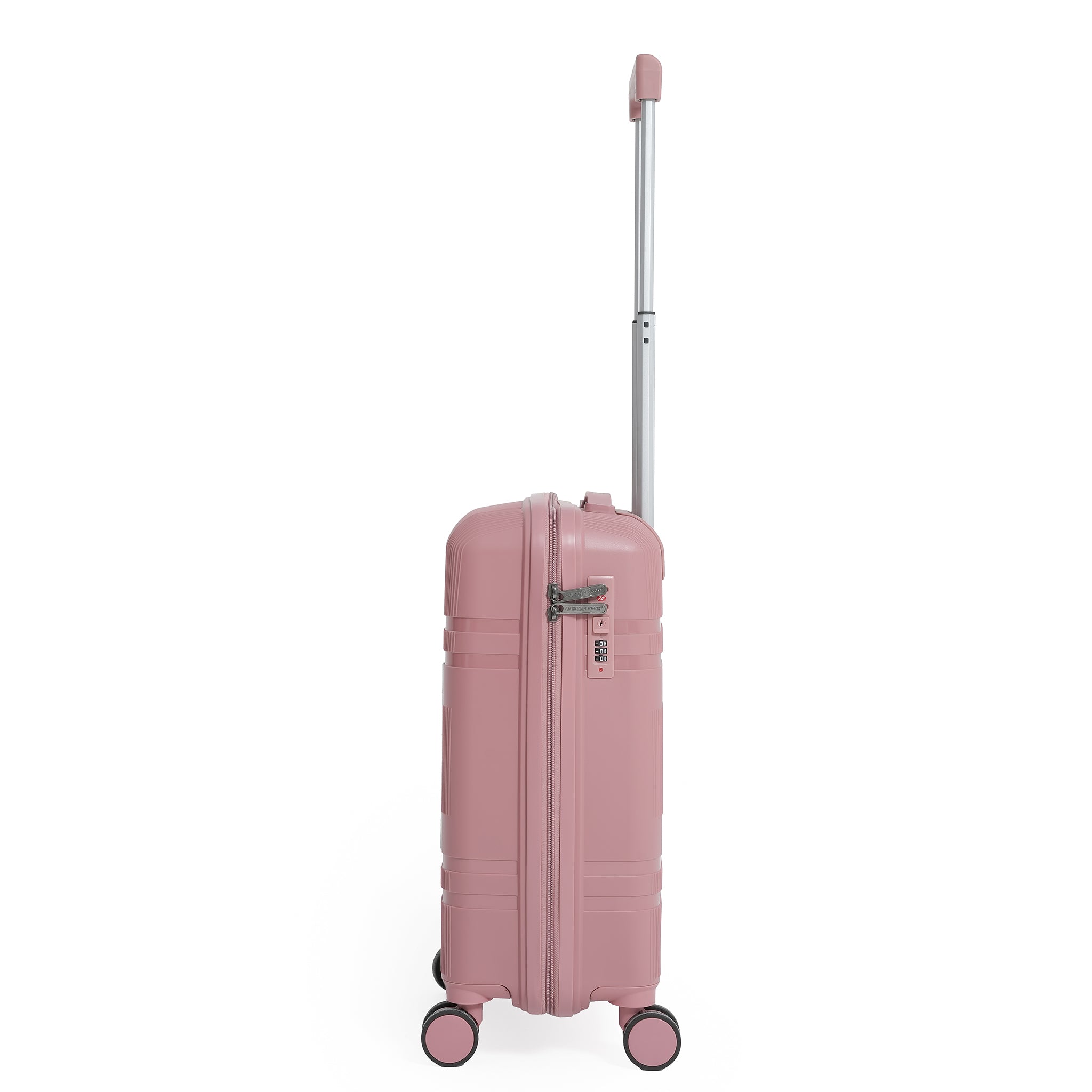 Pink suitcase with a silver handle on a white background