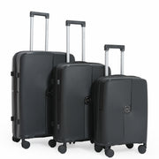 Three black suitcases of different sizes on a white background